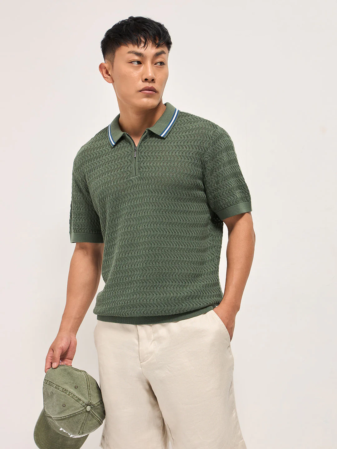 Men Green Textured Knit Design Regular Fit Polo