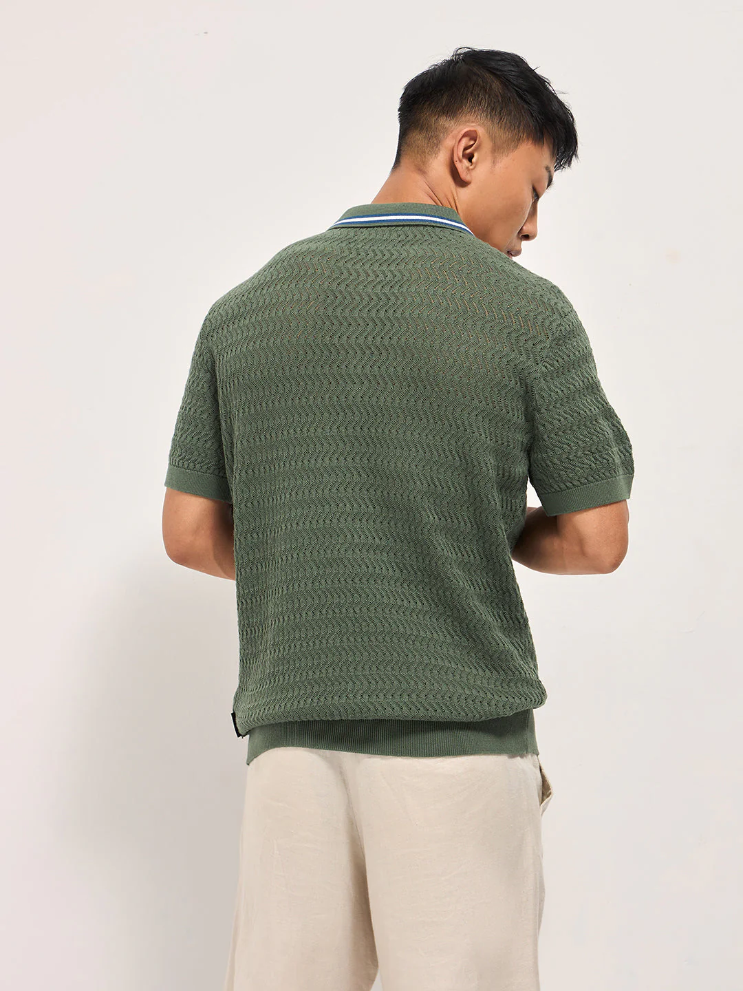 Men Green Textured Knit Design Regular Fit Polo - Image 2