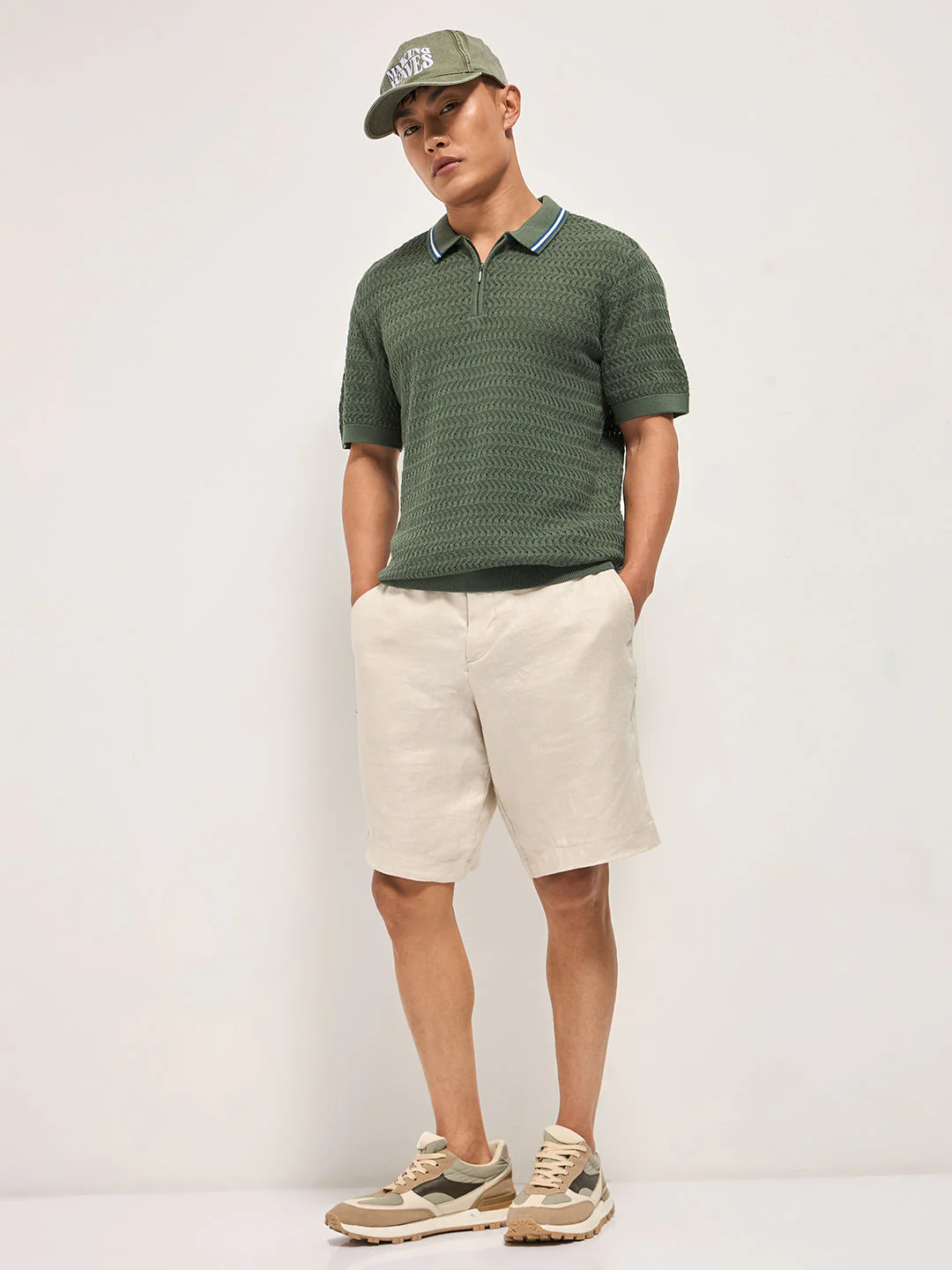 Men Green Textured Knit Design Regular Fit Polo - Image 4