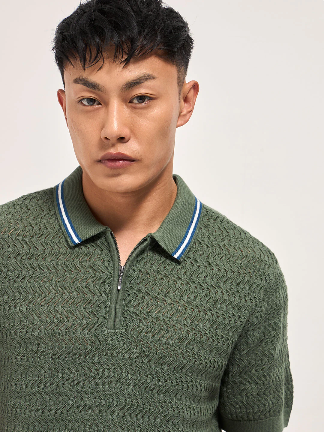 Men Green Textured Knit Design Regular Fit Polo - Image 5