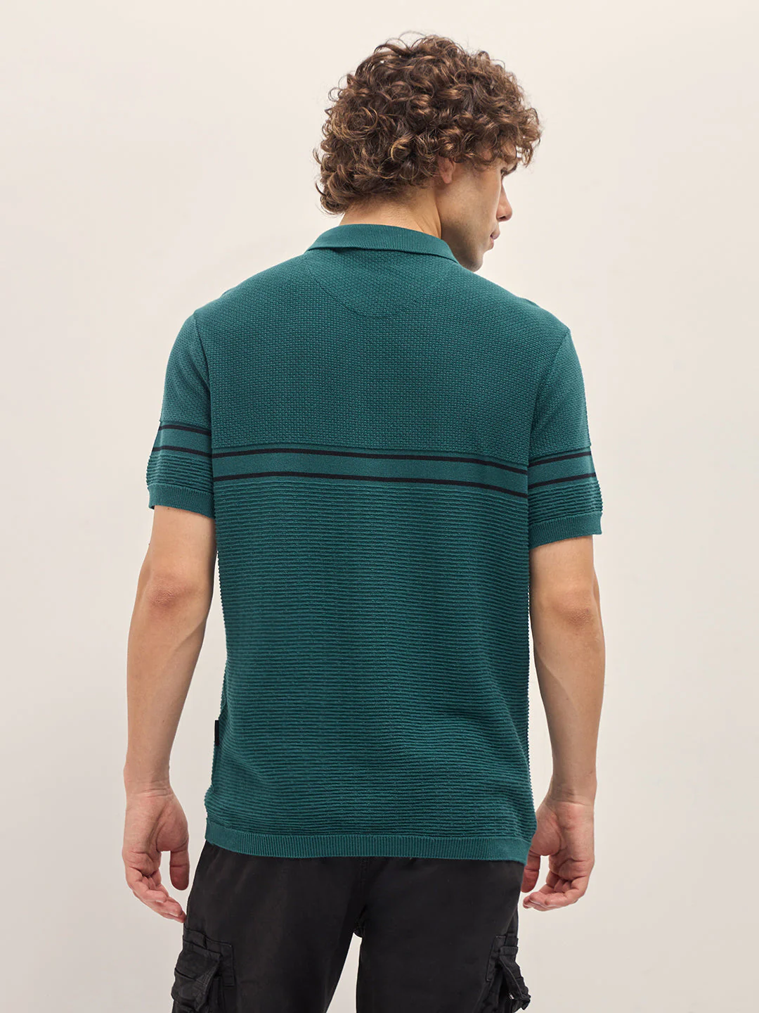 Men Green Textured Knit Regular Fit Polo T-shirt - Image 2