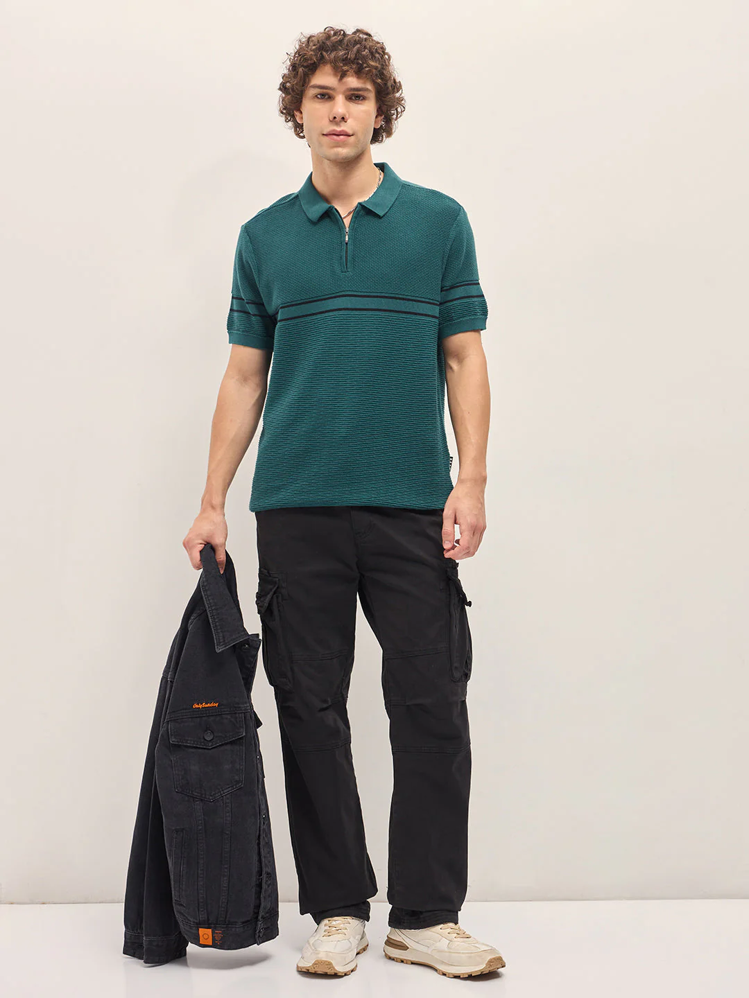 Men Green Textured Knit Regular Fit Polo T-shirt - Image 4