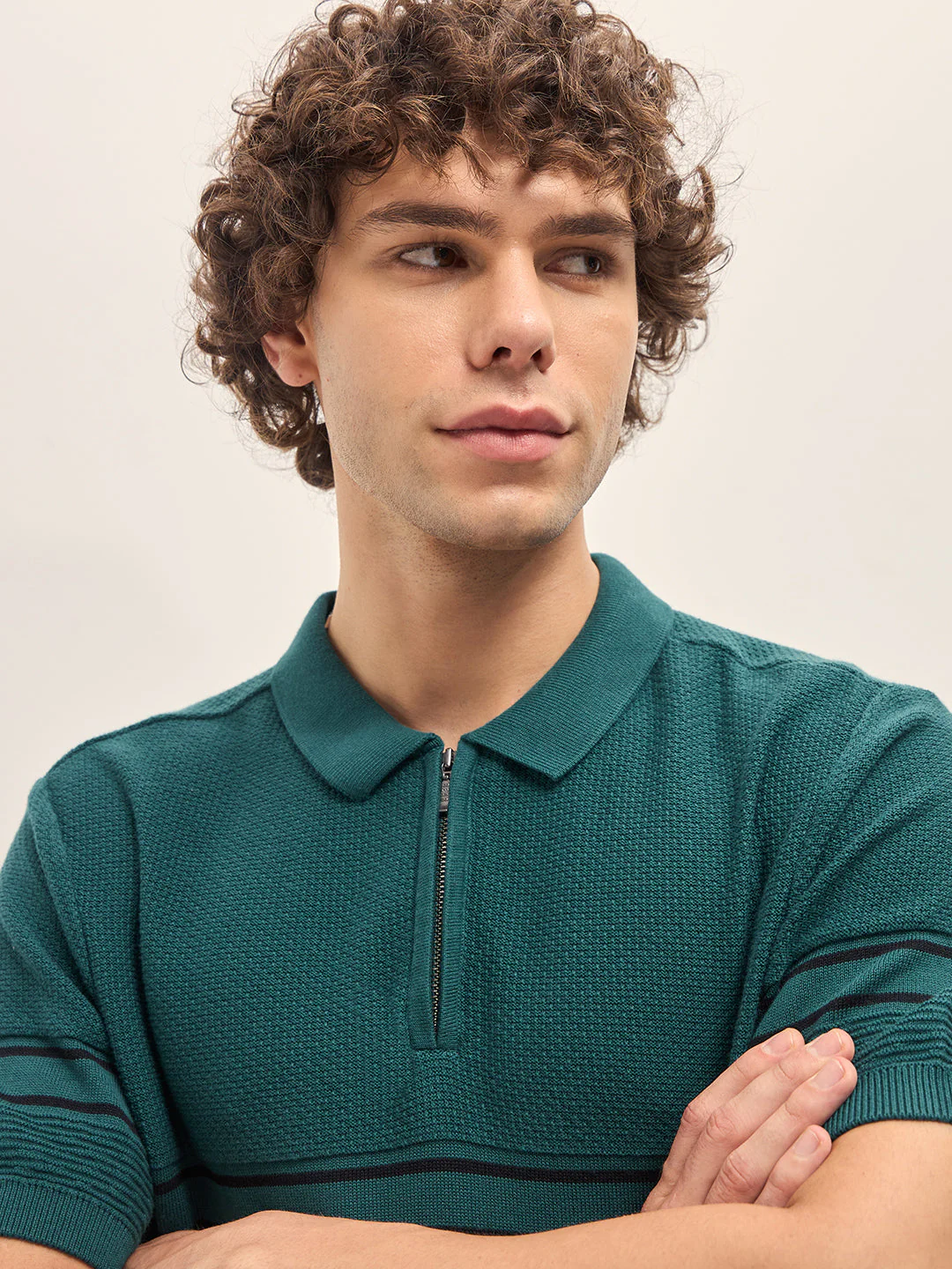 Men Green Textured Knit Regular Fit Polo T-shirt - Image 5
