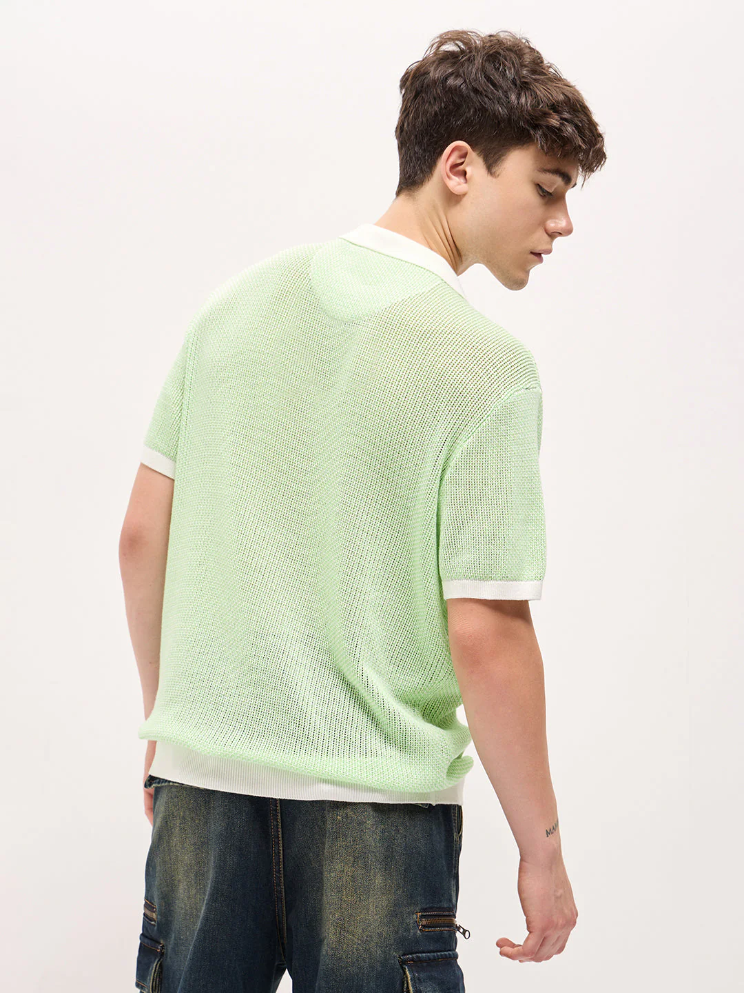 Men Green Textured Knit Regular Fit Polo T-shirt - Image 2