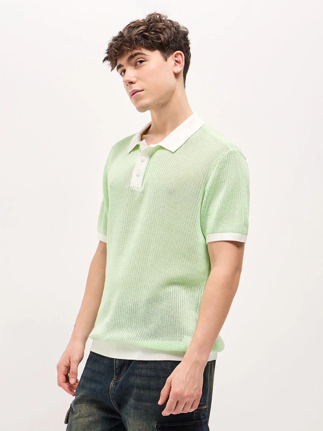 Men Green Textured Knit Regular Fit Polo T-shirt - Image 3