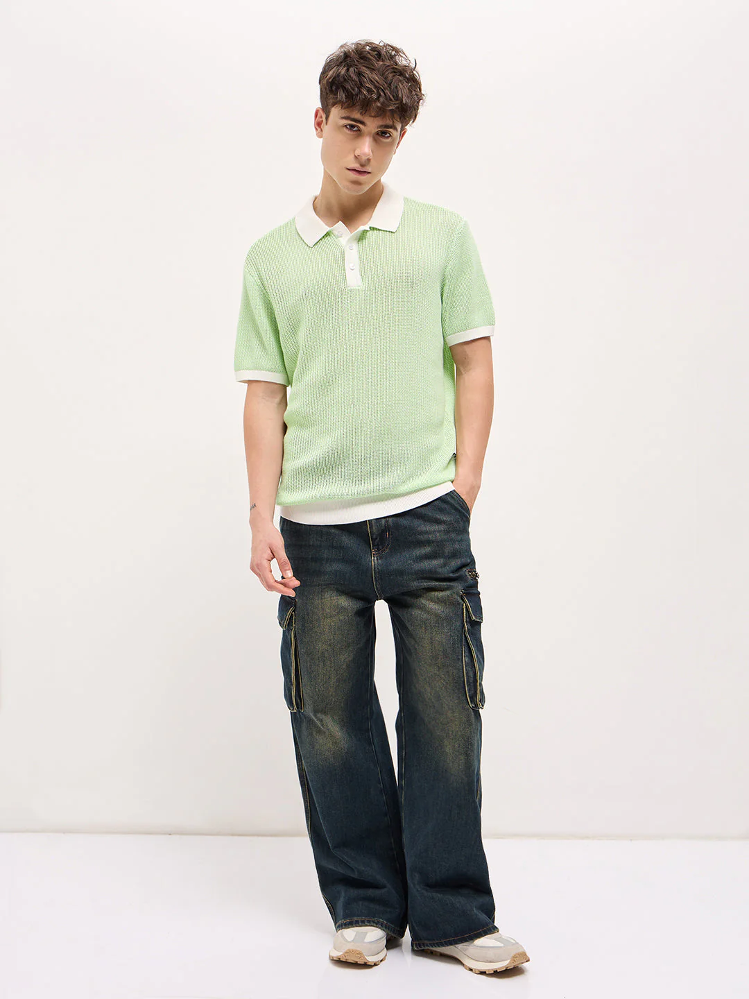 Men Green Textured Knit Regular Fit Polo T-shirt - Image 4