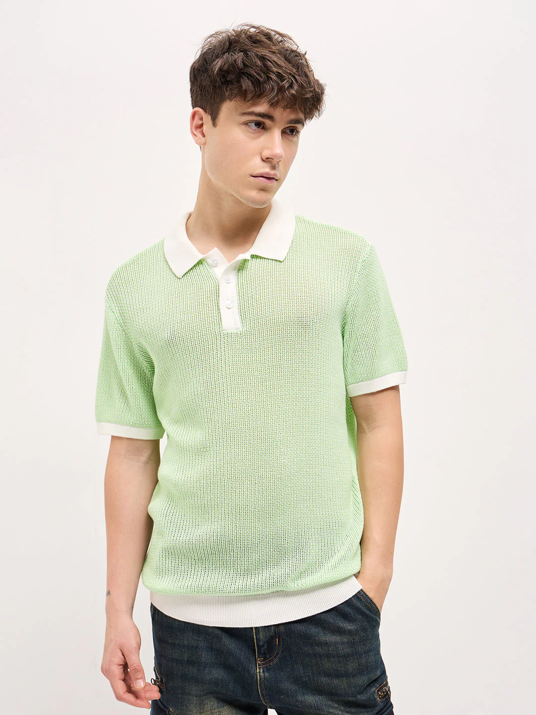 Men Green Textured Knit Regular Fit Polo T-shirt - Image 6