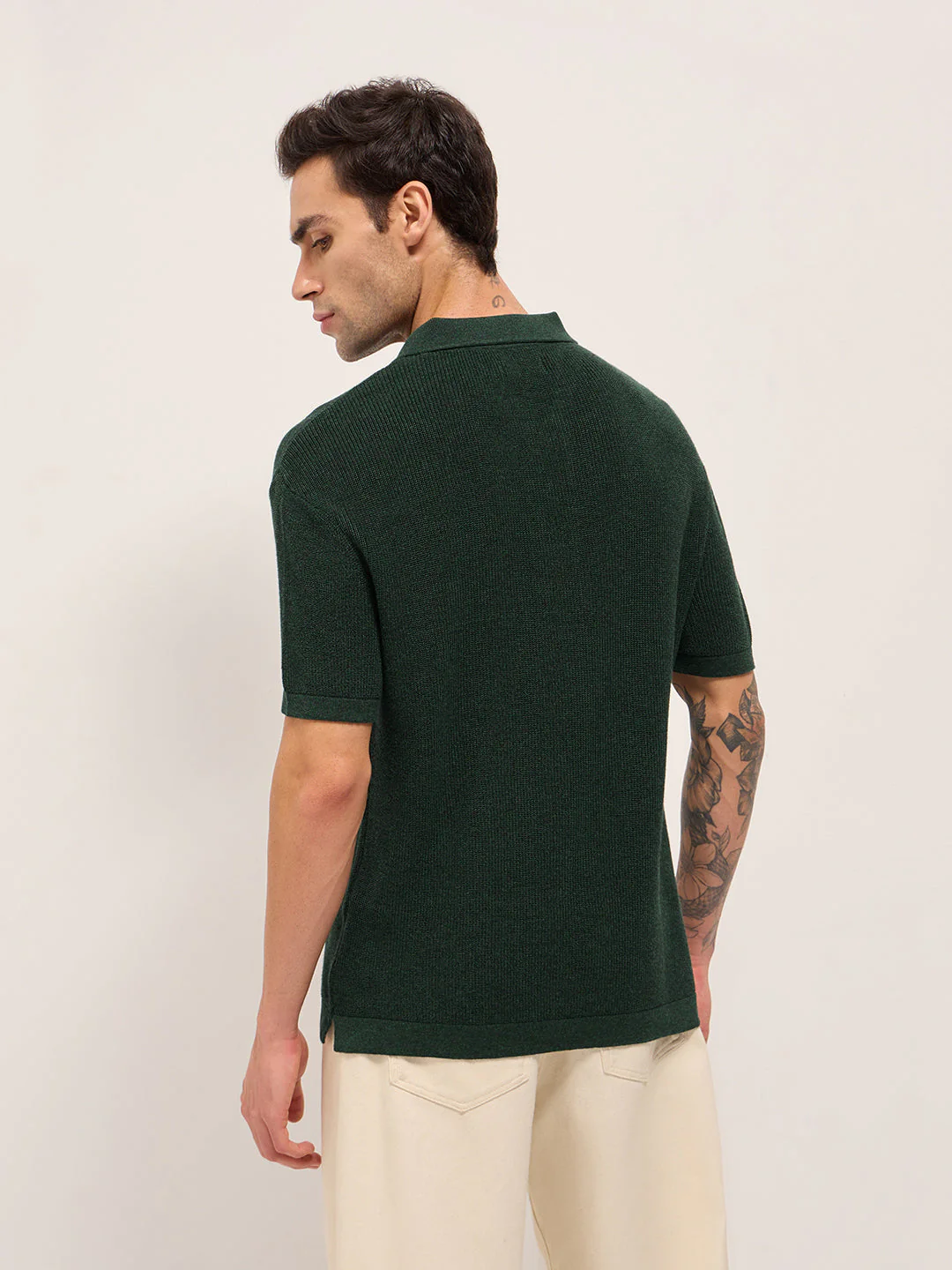 Men Green Textured Knit Relaxed Fit Polo - Image 2