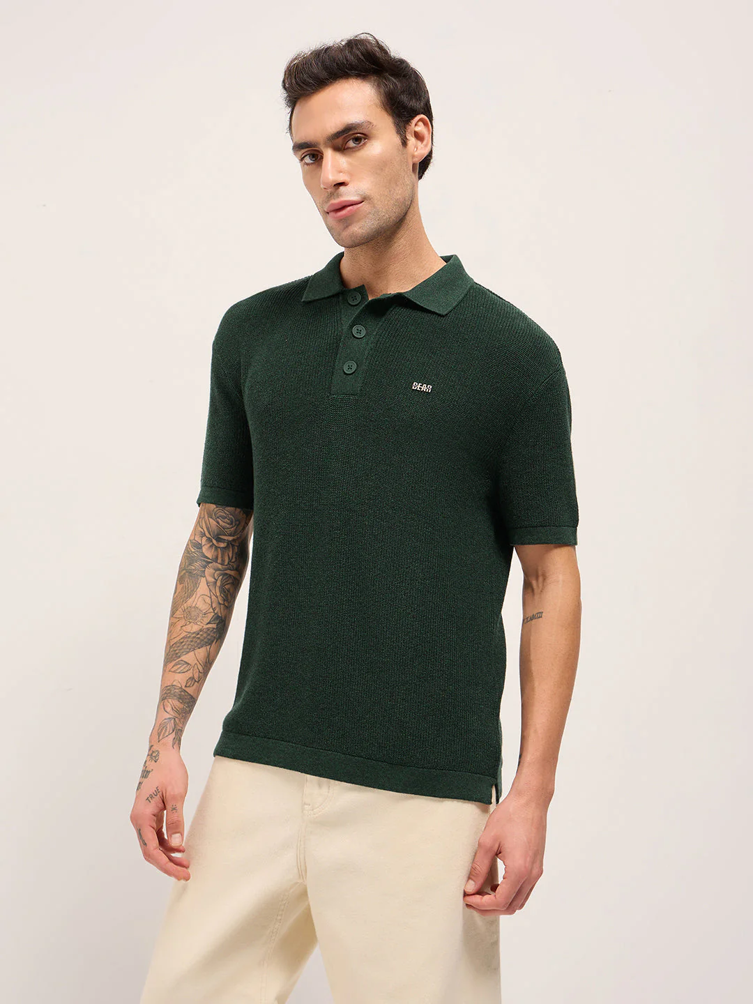 Men Green Textured Knit Relaxed Fit Polo - Image 3