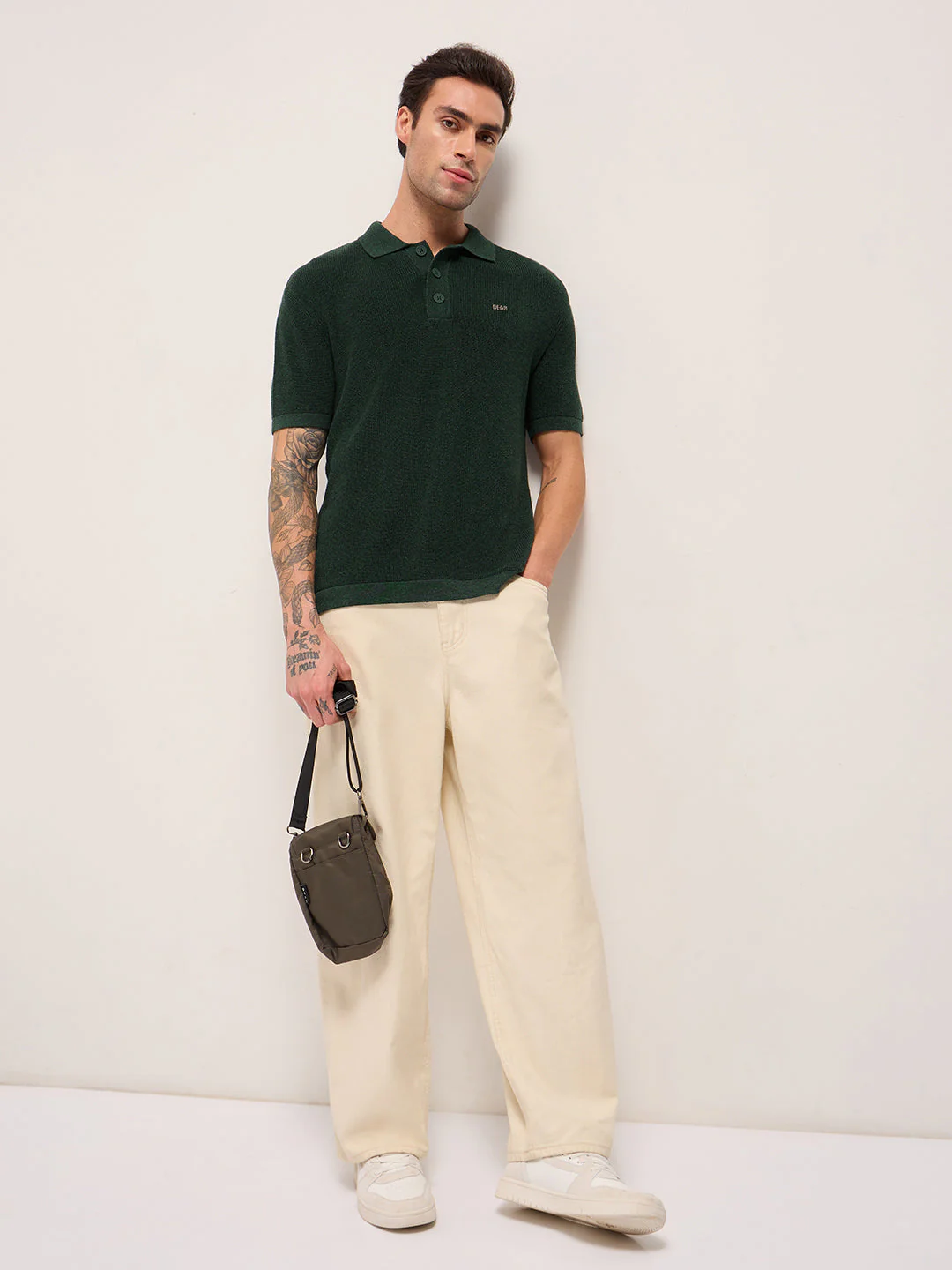 Men Green Textured Knit Relaxed Fit Polo - Image 4