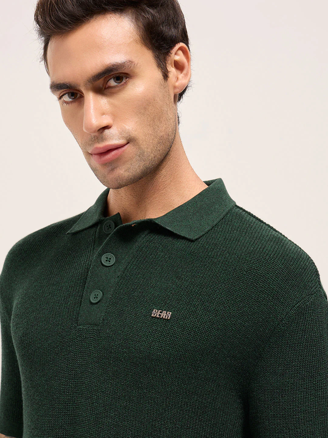 Men Green Textured Knit Relaxed Fit Polo - Image 5