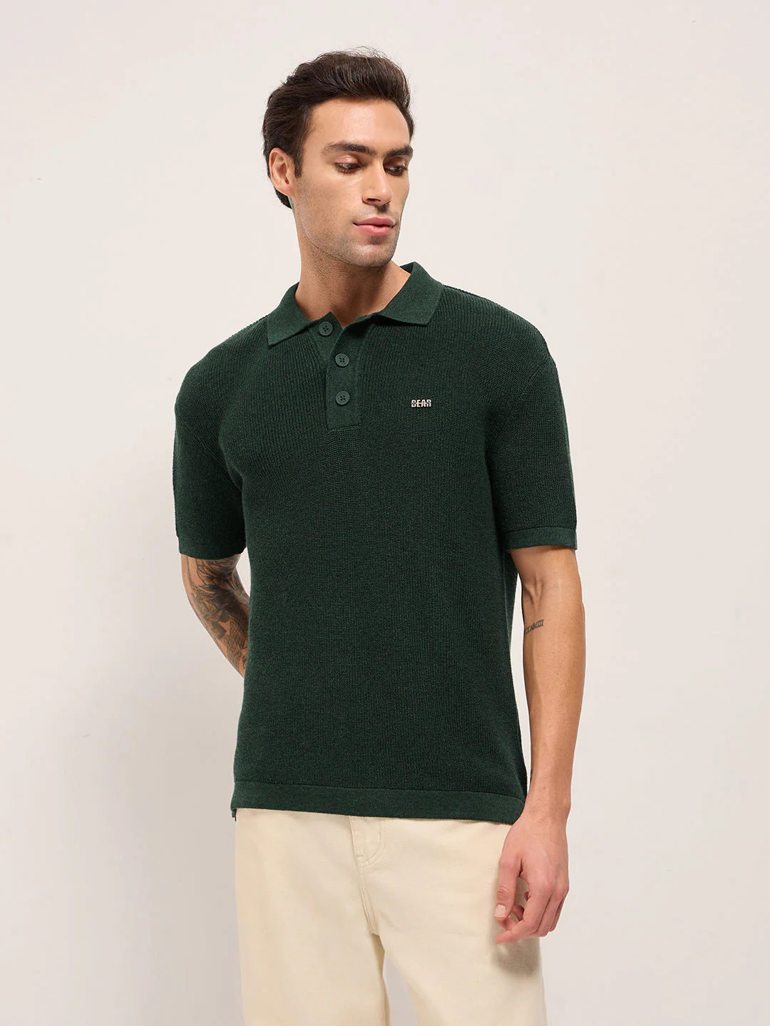 Men Green Textured Knit Relaxed Fit Polo - Image 6