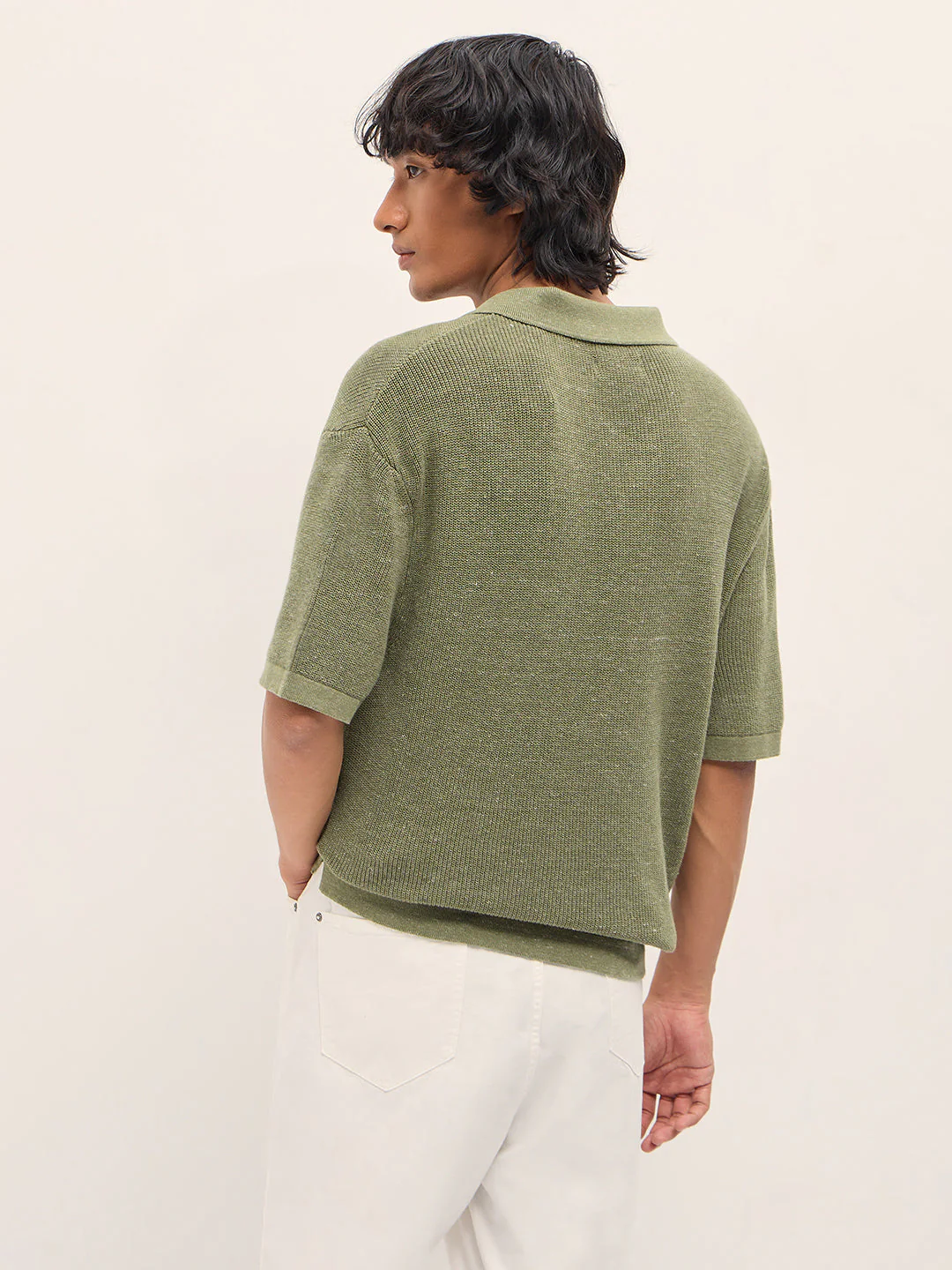 Men Green Textured Knit Relaxed Fit Polo - Image 2