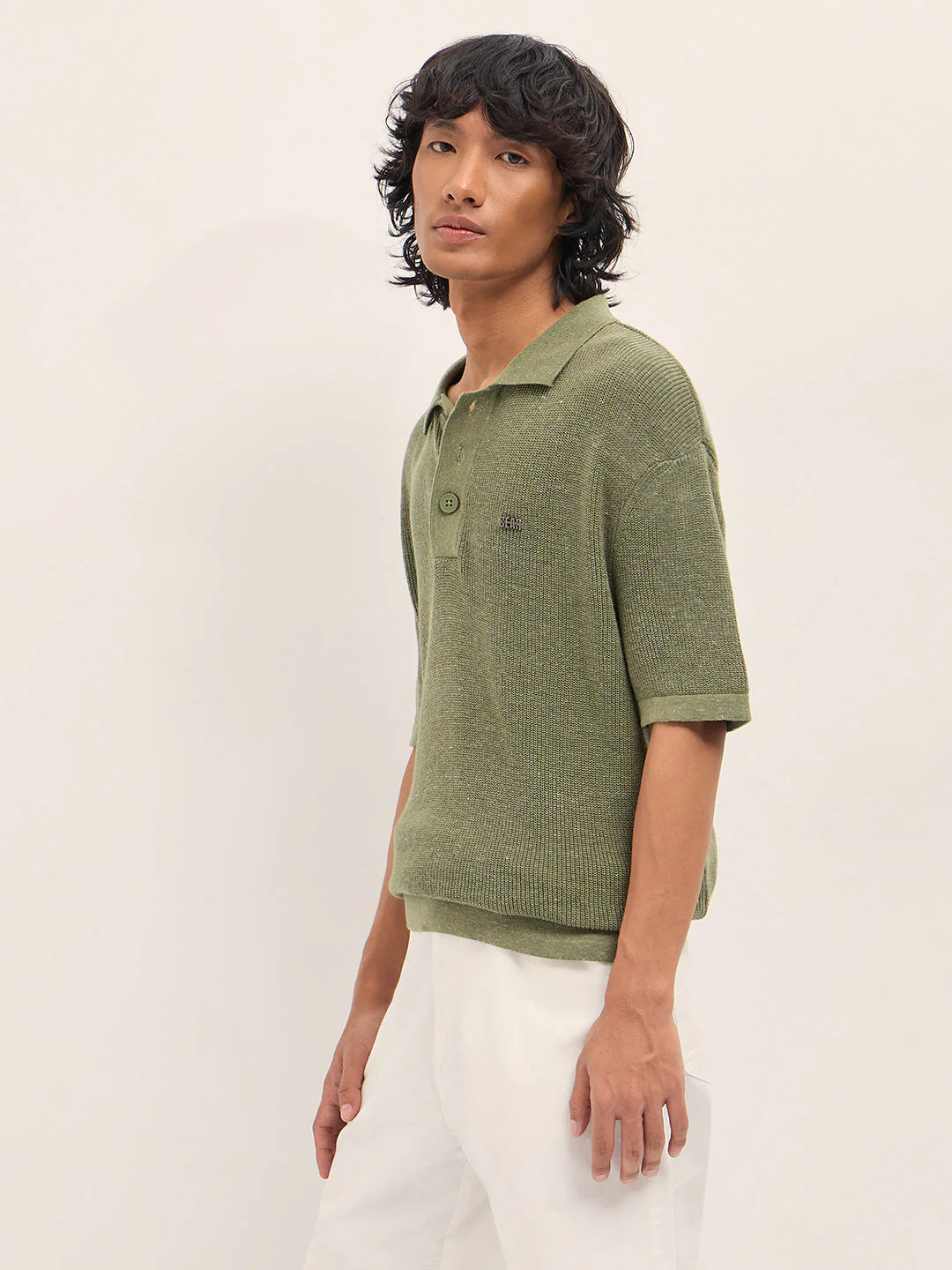 Men Green Textured Knit Relaxed Fit Polo - Image 3