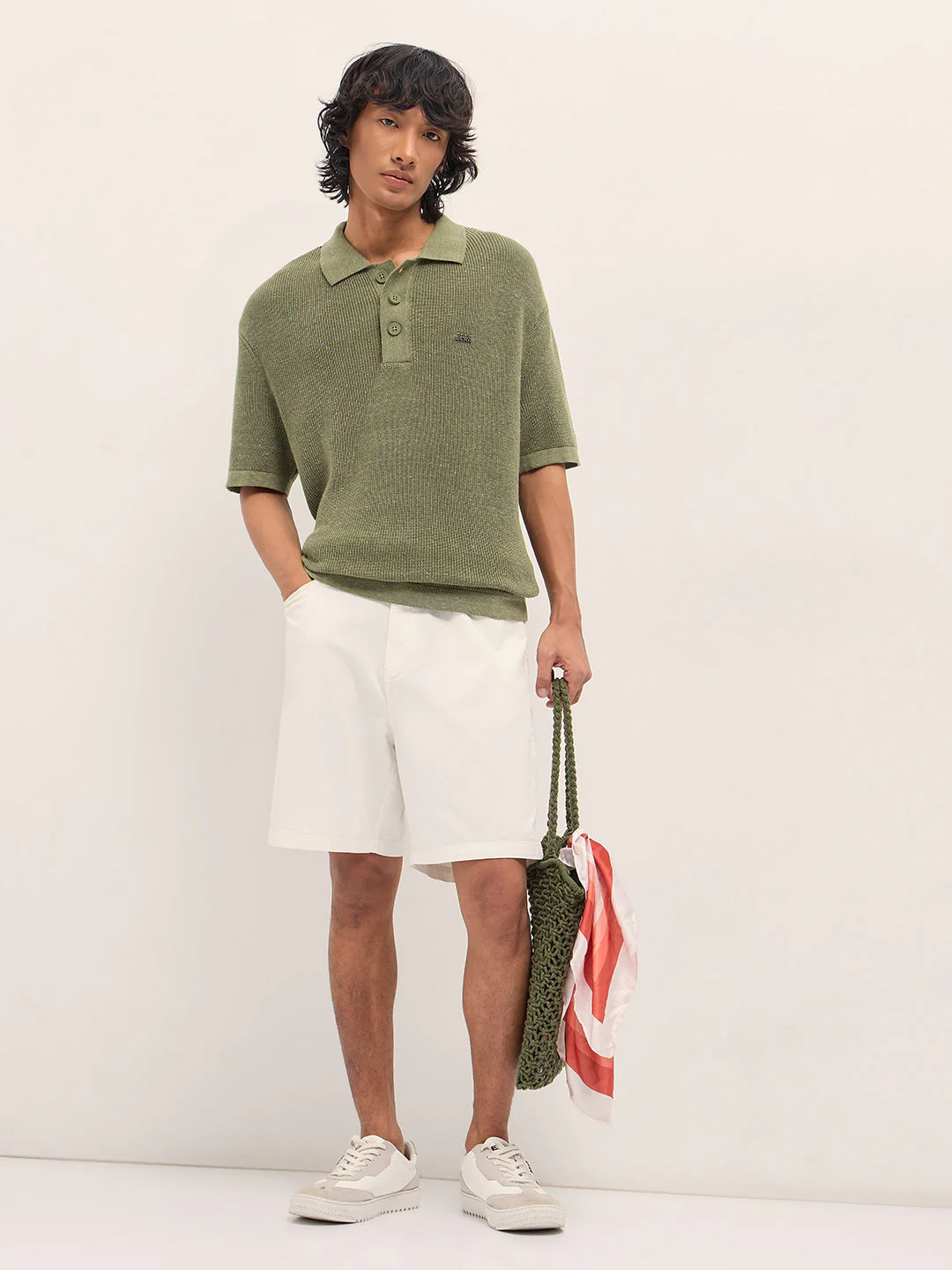 Men Green Textured Knit Relaxed Fit Polo - Image 4