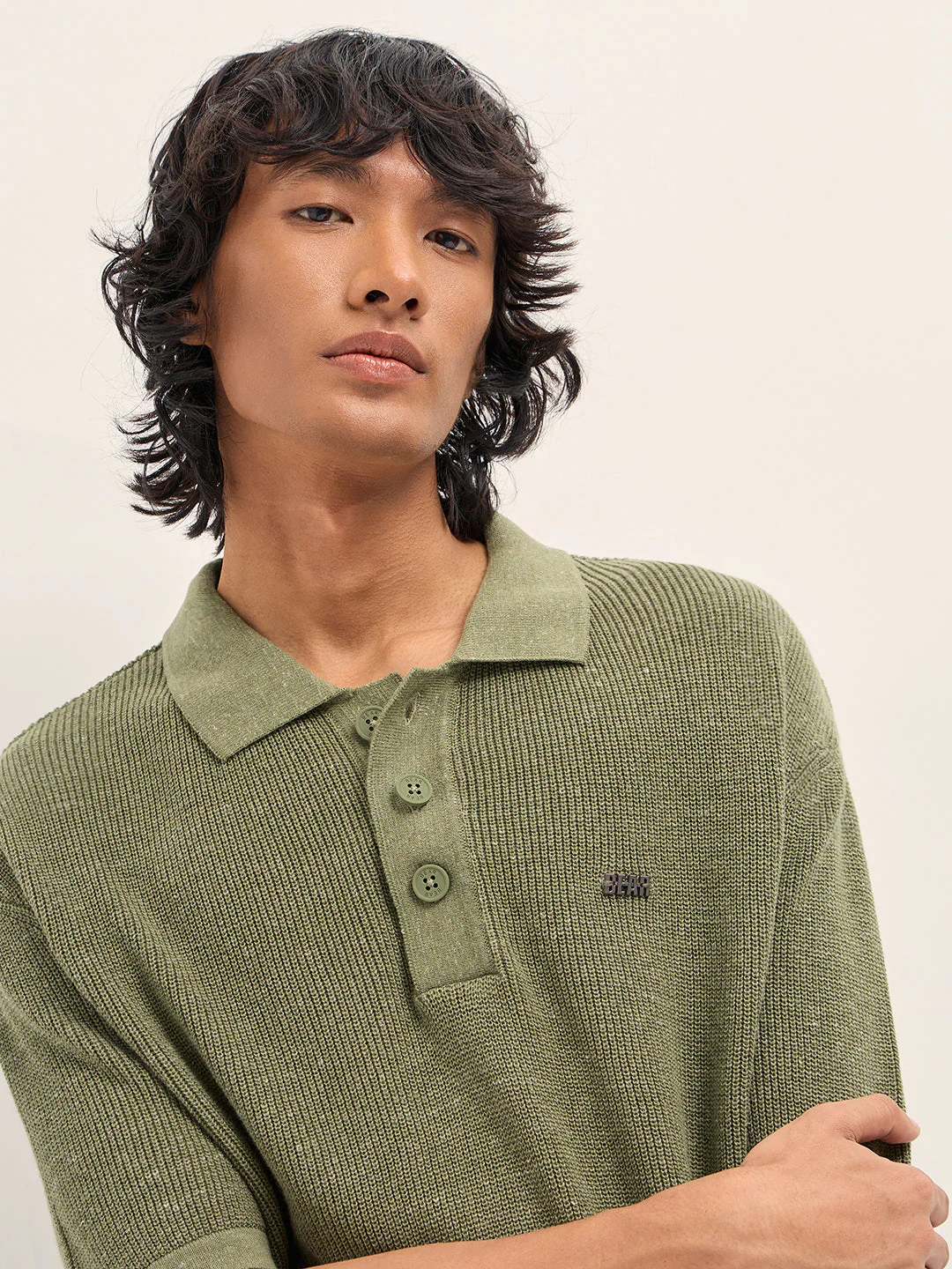 Men Green Textured Knit Relaxed Fit Polo - Image 5