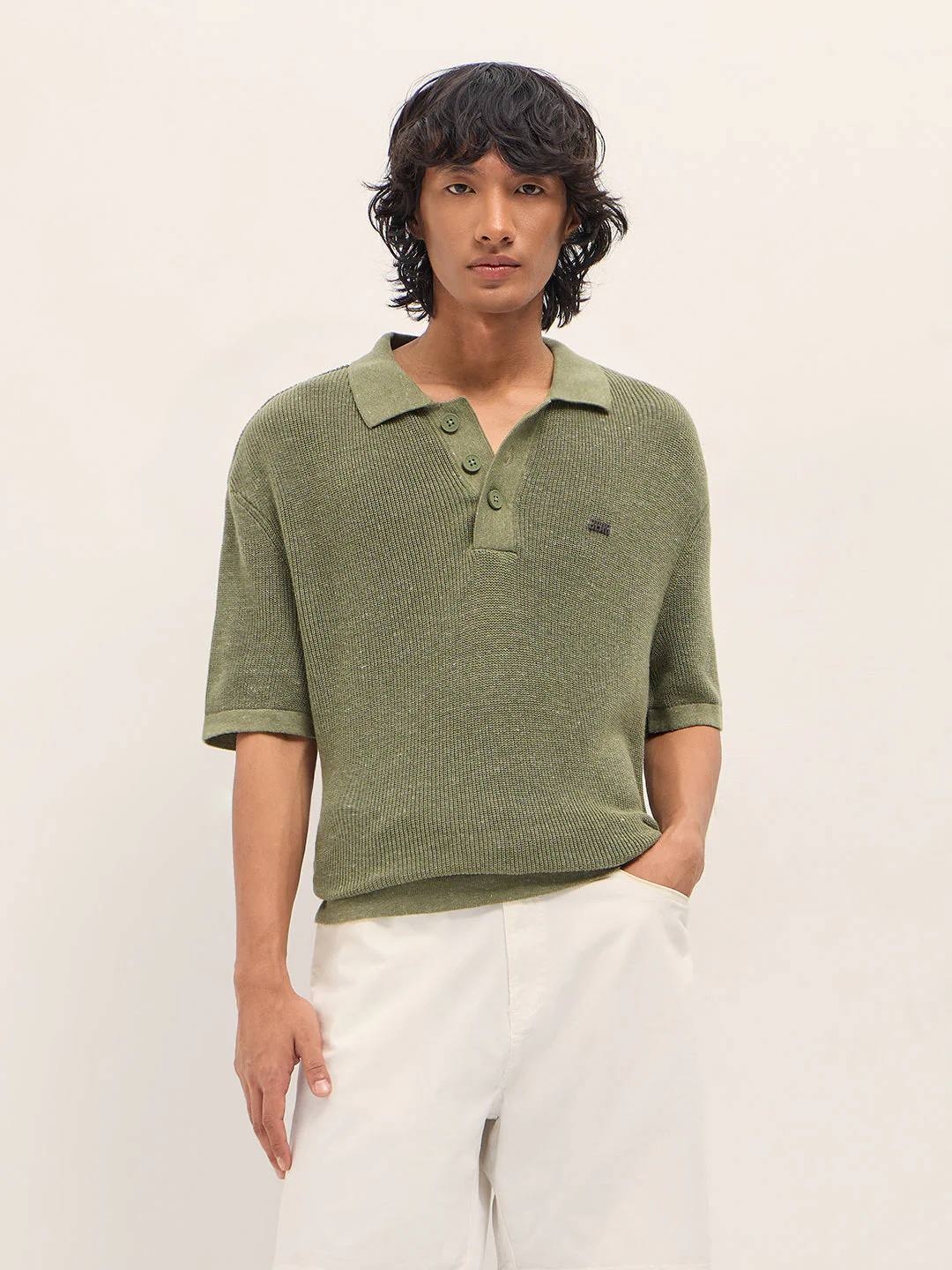 Men Green Textured Knit Relaxed Fit Polo - Image 6