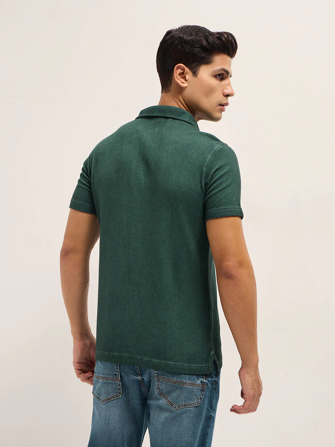 Men Green Textured Knit Slim Fit Polo - Image 2