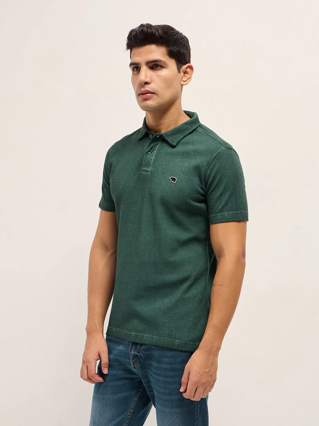 Men Green Textured Knit Slim Fit Polo - Image 3