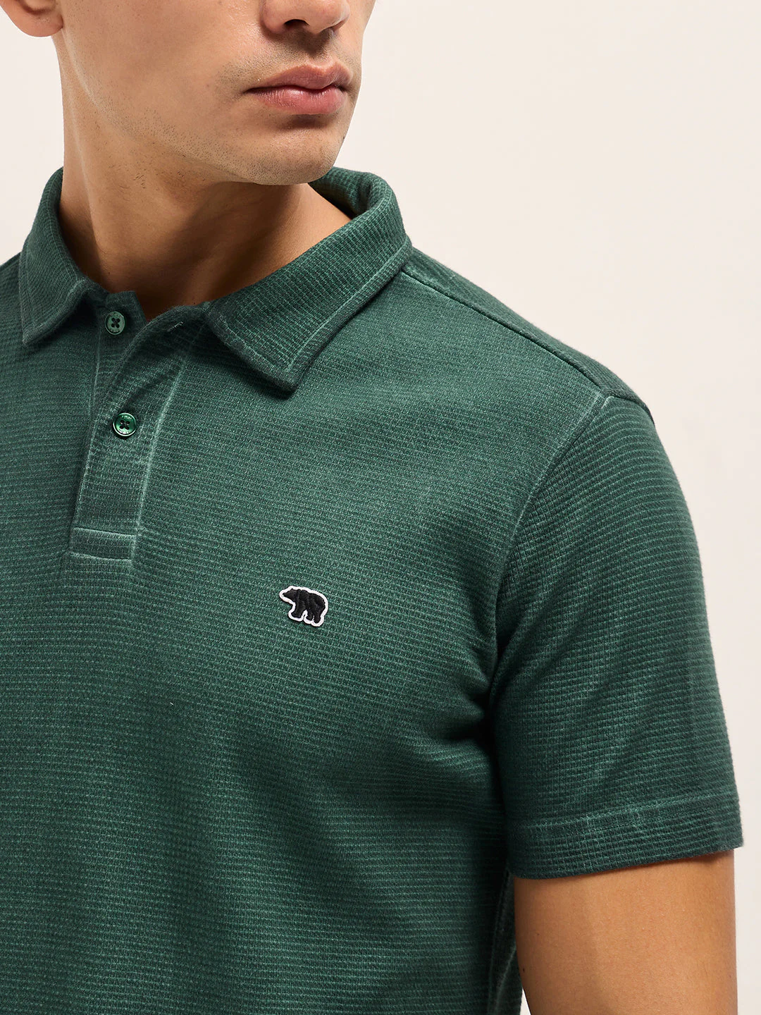 Men Green Textured Knit Slim Fit Polo - Image 5