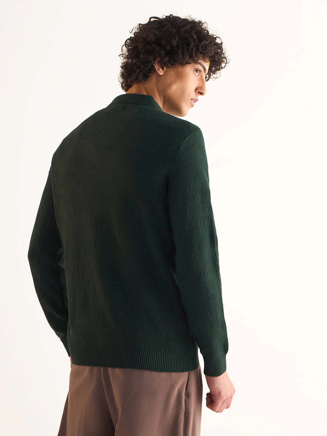 Men Green Textured Knit Slim Fit Polo - Image 2