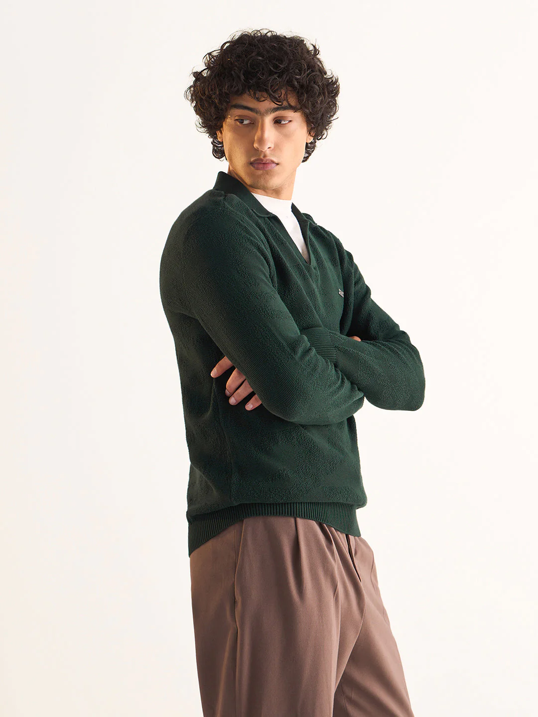 Men Green Textured Knit Slim Fit Polo - Image 3
