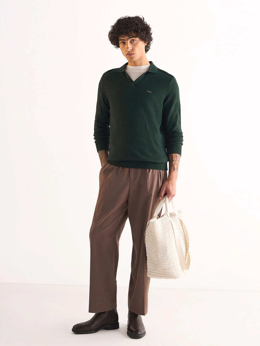 Men Green Textured Knit Slim Fit Polo - Image 4