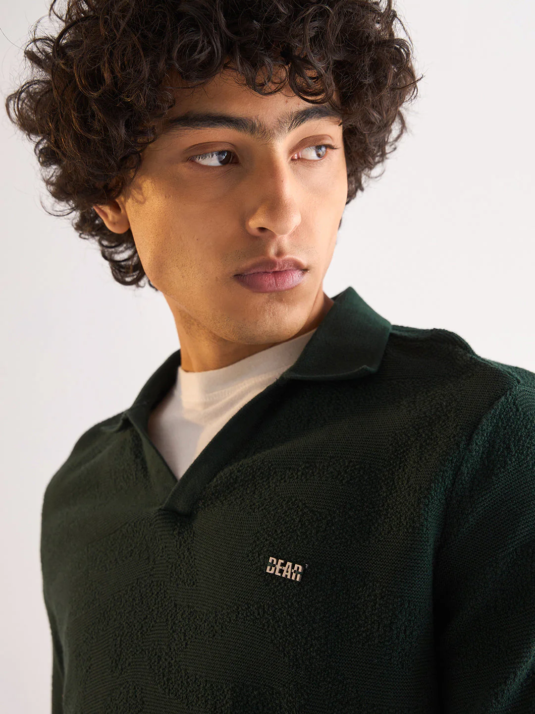 Men Green Textured Knit Slim Fit Polo - Image 5