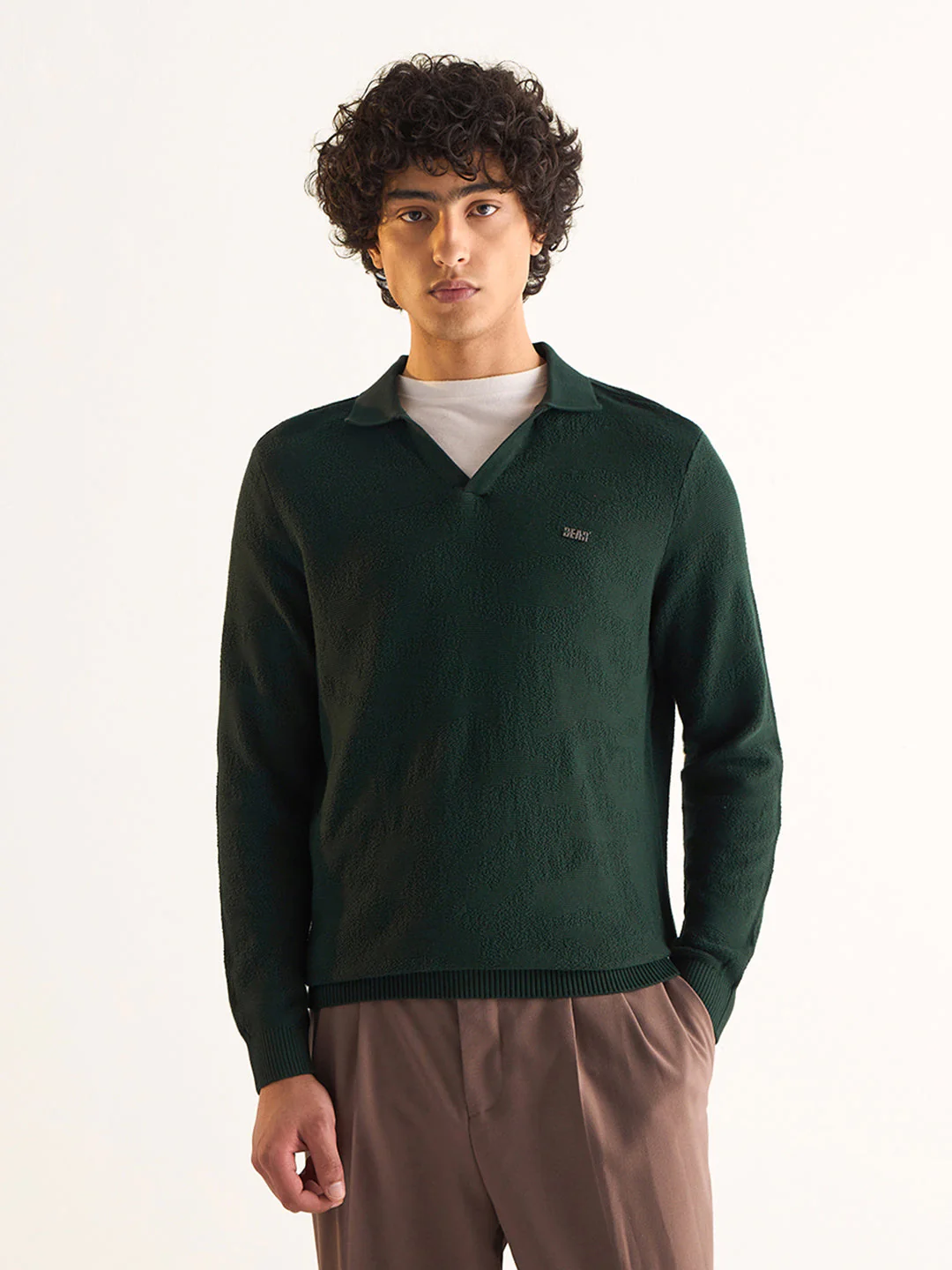 Men Green Textured Knit Slim Fit Polo - Image 6