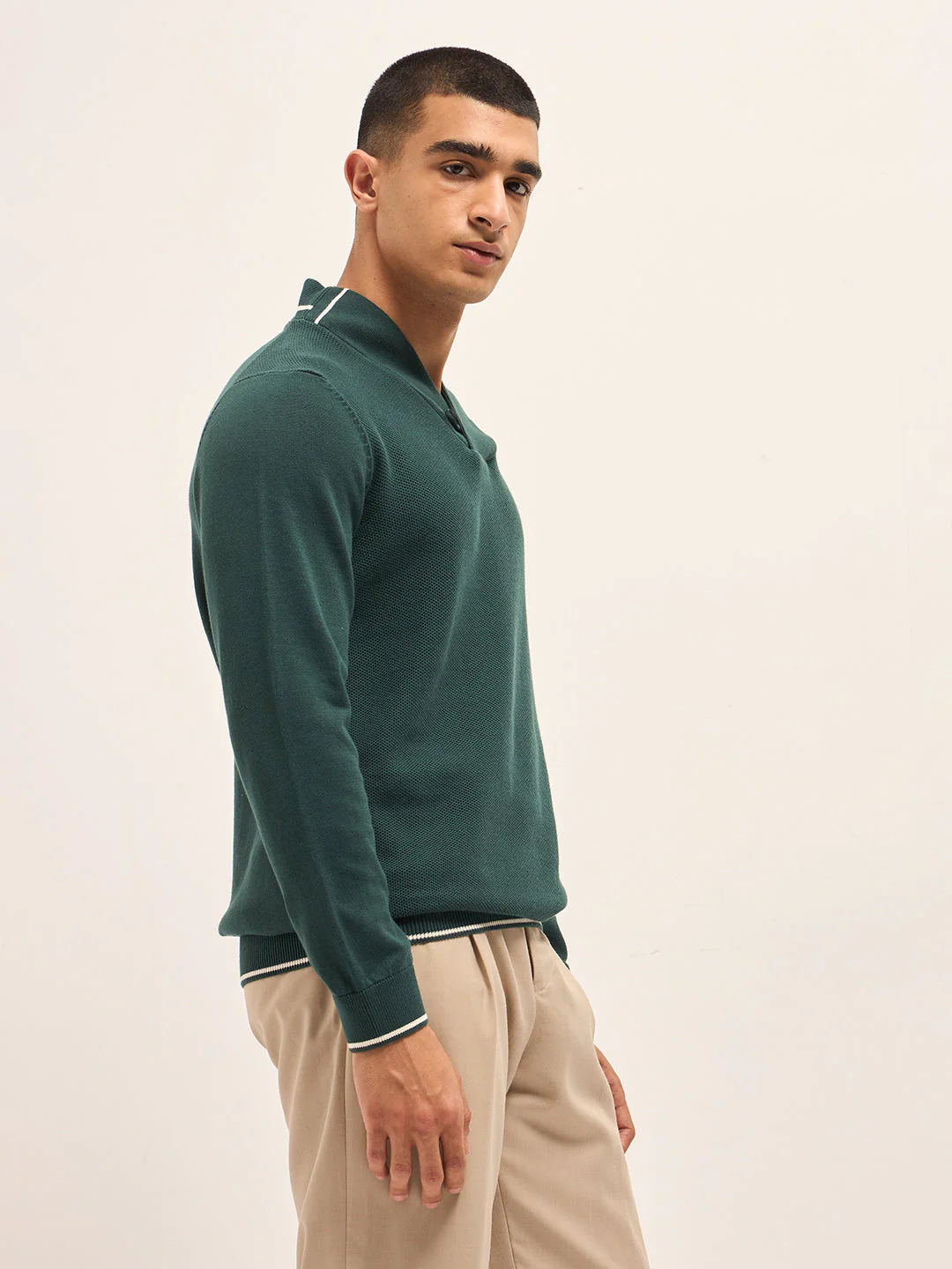 Men Green Textured Slim Fit Full Sleeve T-shirt - Image 3