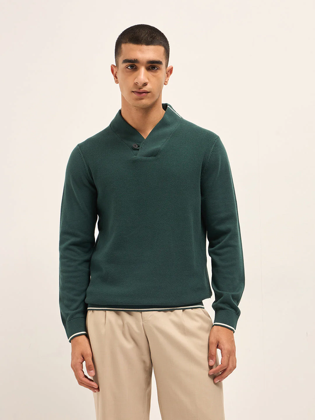 Men Green Textured Slim Fit Full Sleeve T-shirt - Image 6