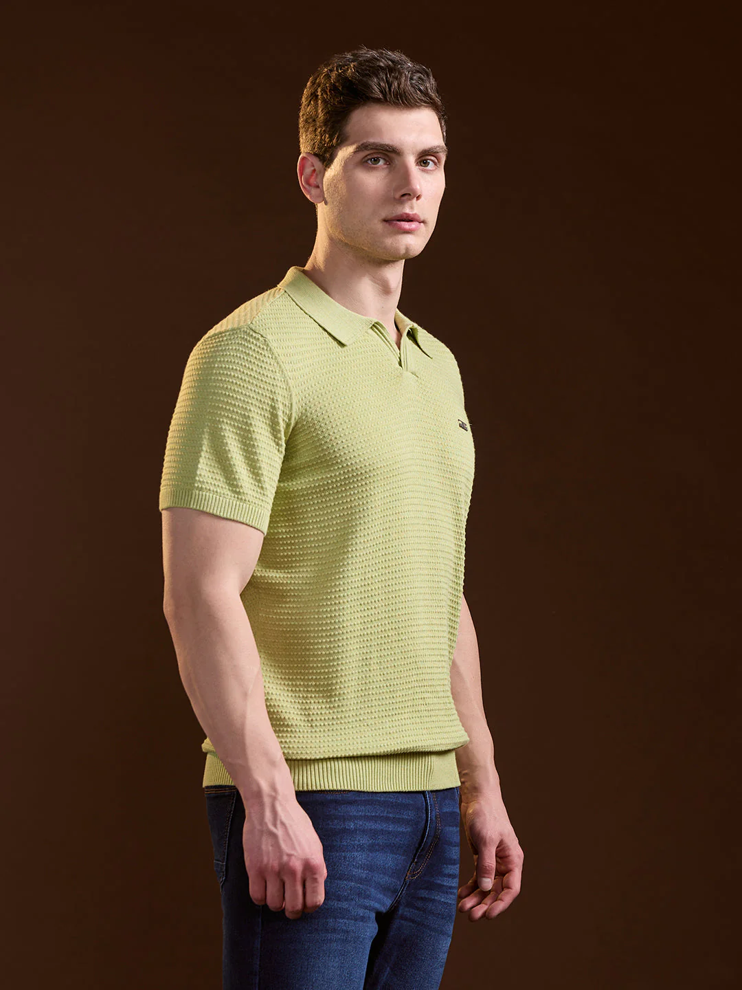 Men Green Textured Slim Fit V-Notch Style Polo - Image 3
