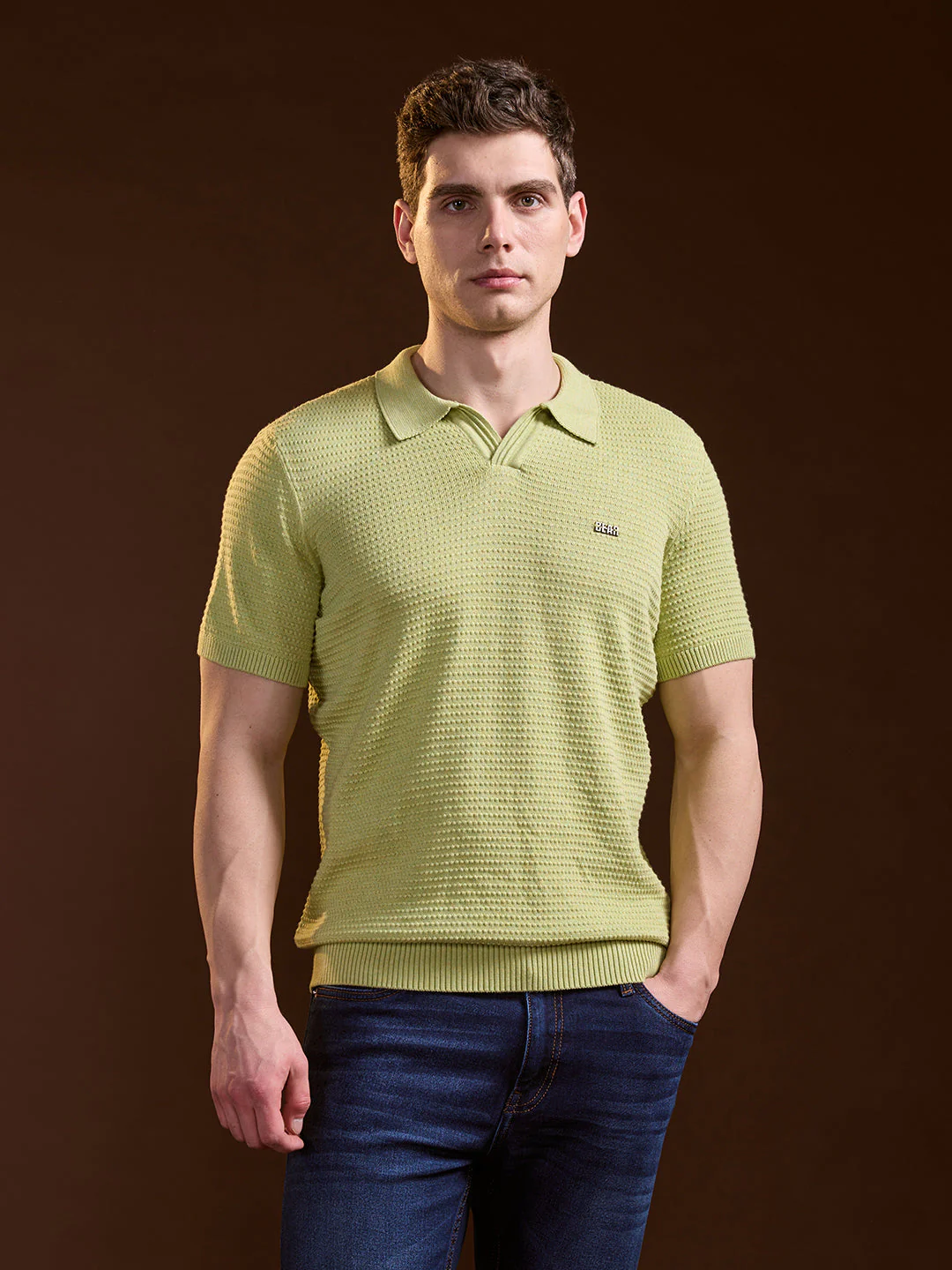 Men Green Textured Slim Fit V-Notch Style Polo - Image 6