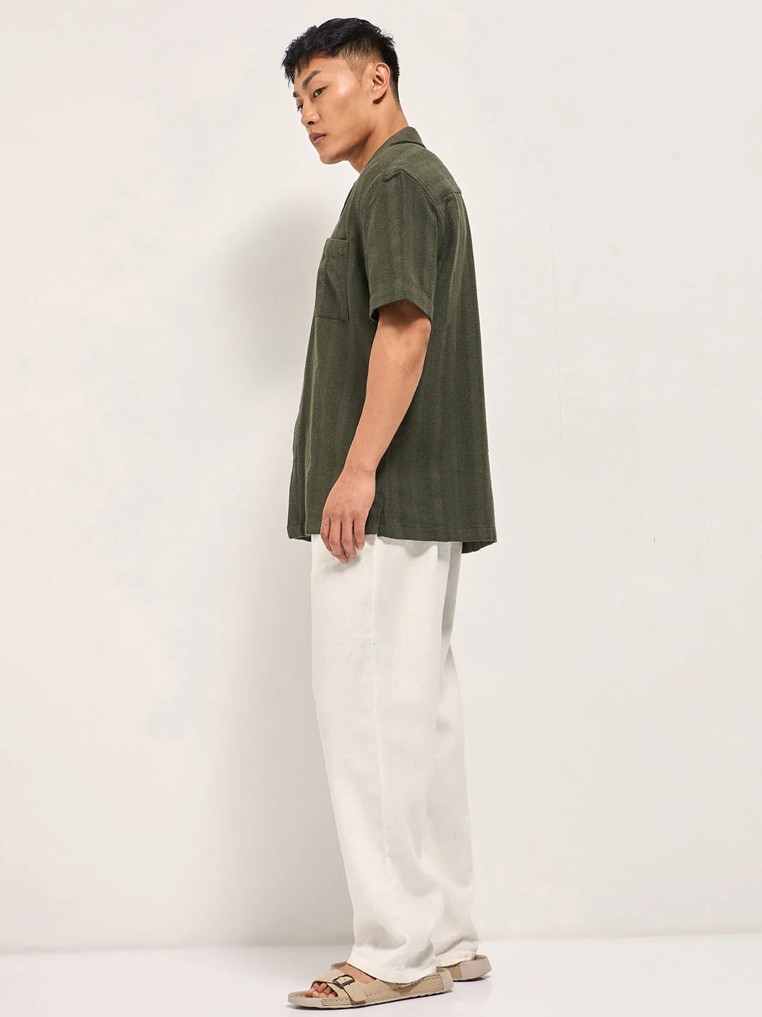 Men Green Textured Striped Regular Fit Casual Shirt - Image 3