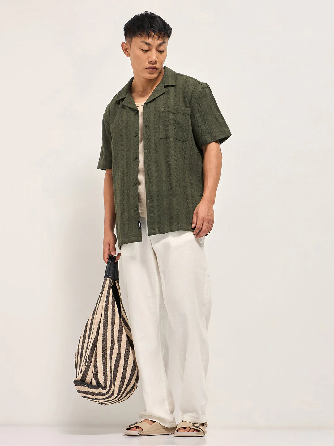 Men Green Textured Striped Regular Fit Casual Shirt - Image 4