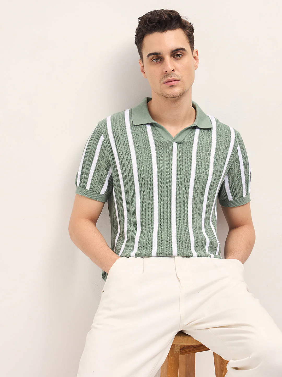 Men Green Textured Vertical Stripes Regular Fit Polo