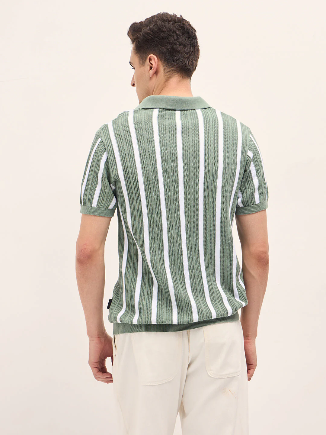 Men Green Textured Vertical Stripes Regular Fit Polo - Image 2
