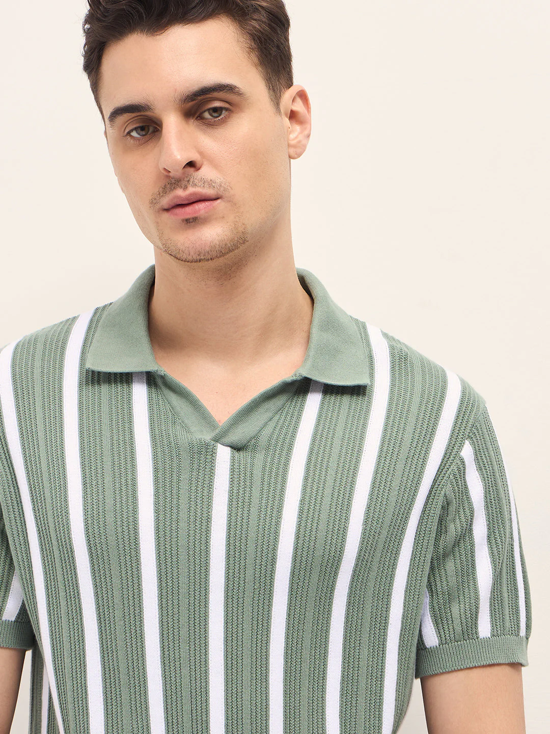 Men Green Textured Vertical Stripes Regular Fit Polo - Image 5