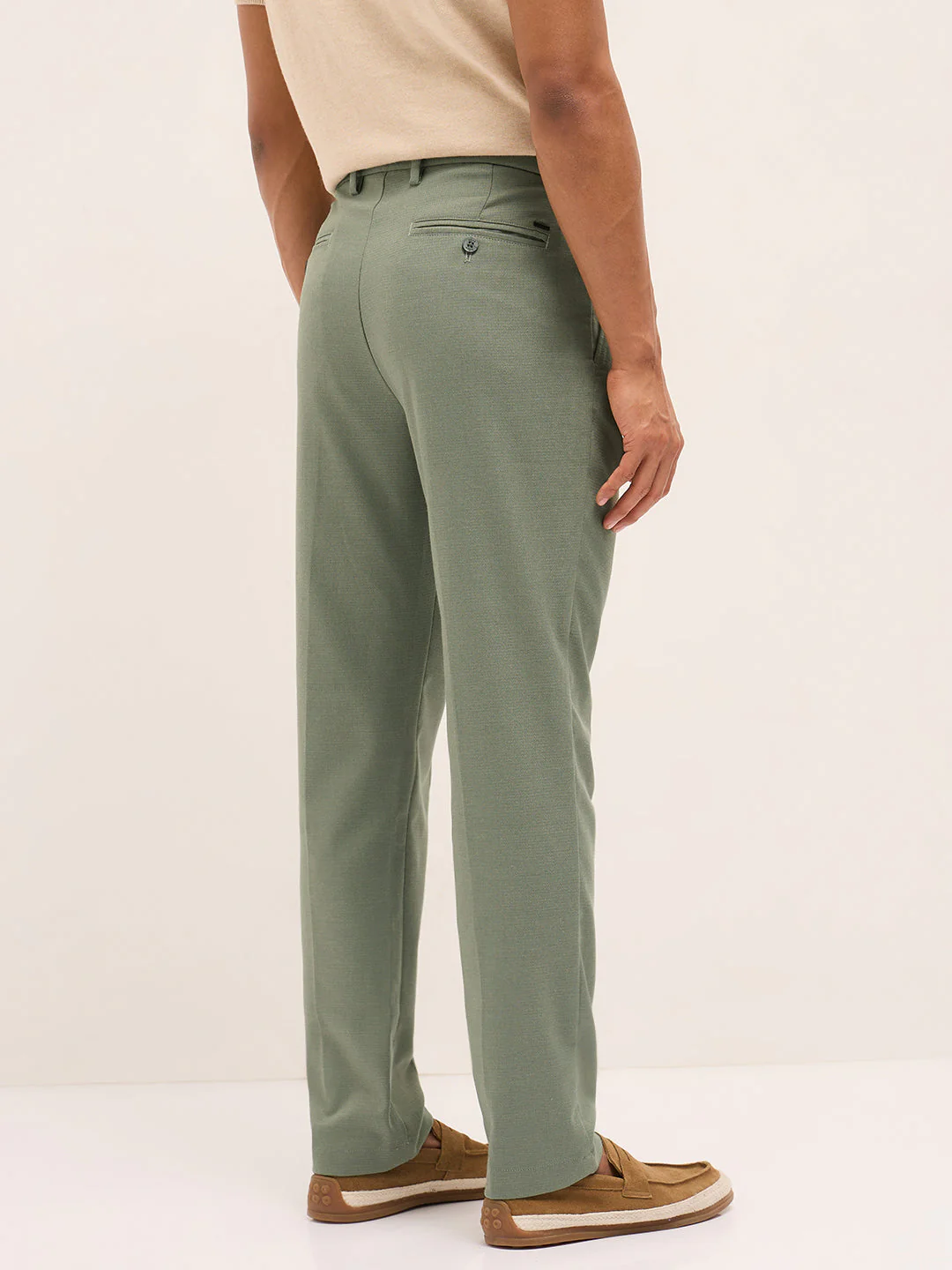 Men Green Textured Weave Regular Fit Formal Trousers - Image 2