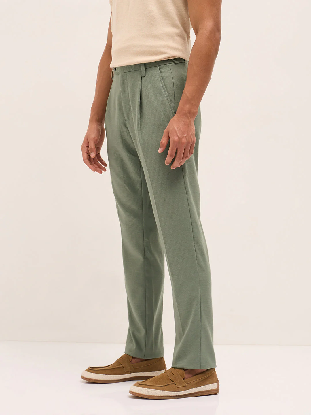 Men Green Textured Weave Regular Fit Formal Trousers - Image 3