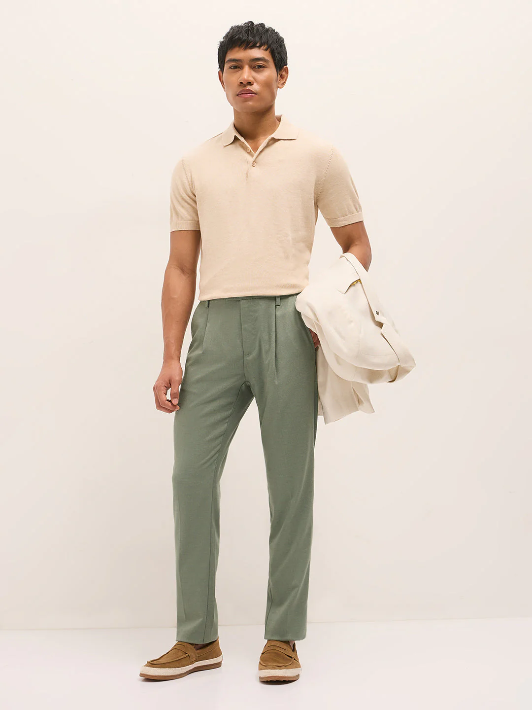 Men Green Textured Weave Regular Fit Formal Trousers - Image 4