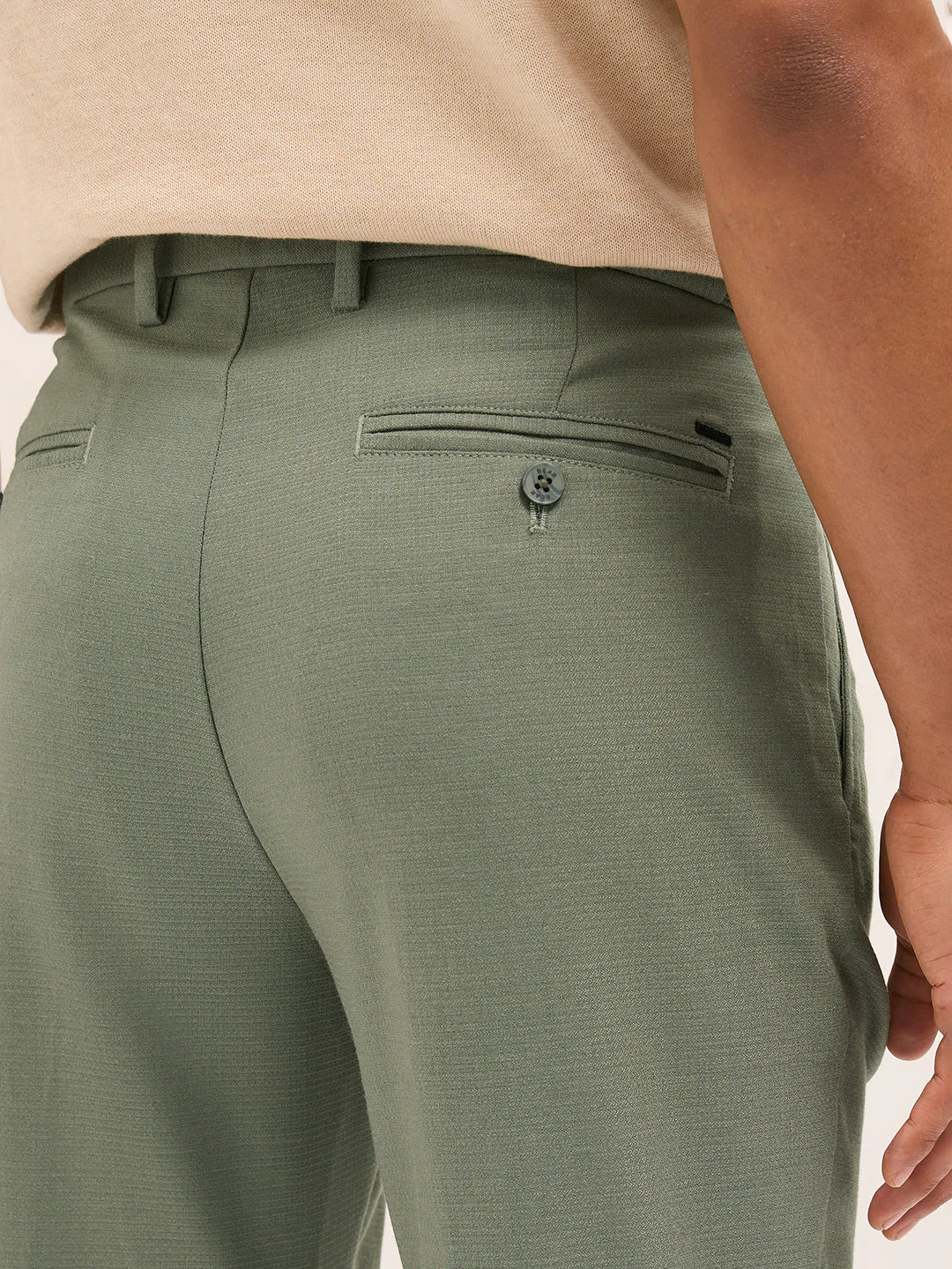 Men Green Textured Weave Regular Fit Formal Trousers - Image 6