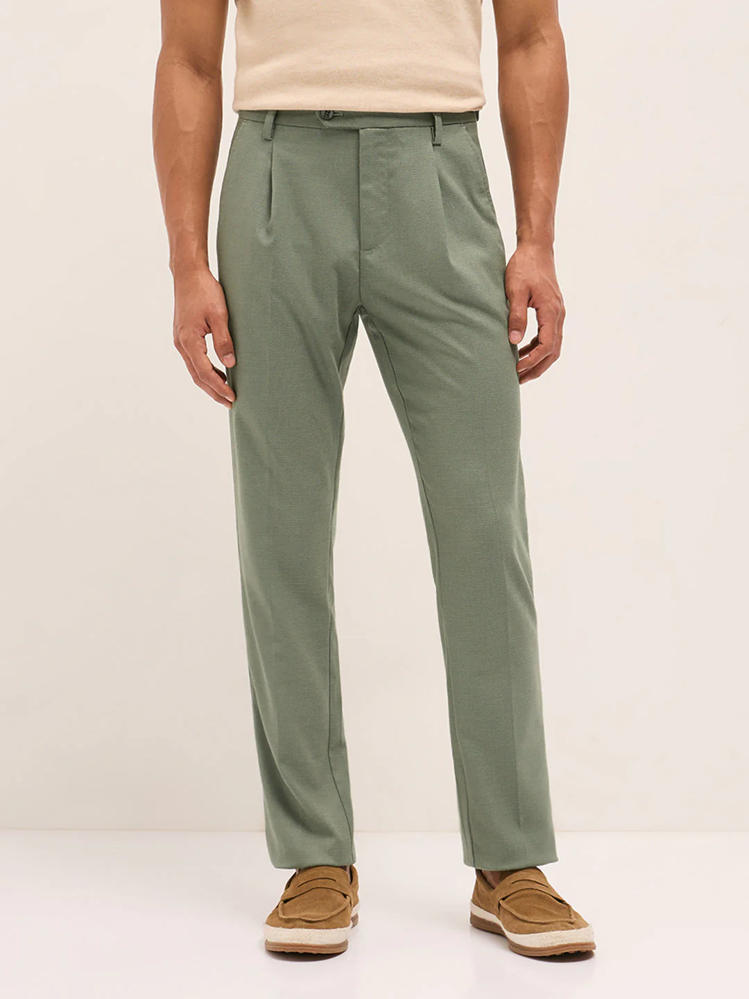 Men Green Textured Weave Regular Fit Formal Trousers - Image 7