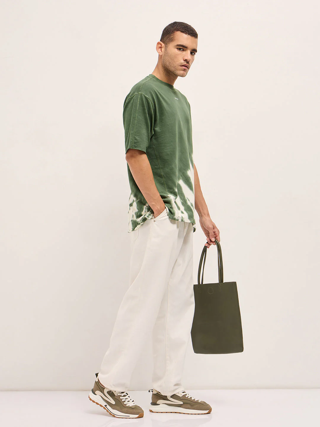 Men Green Tie-Dye Oversized Crew Neck T-shirt - Image 3