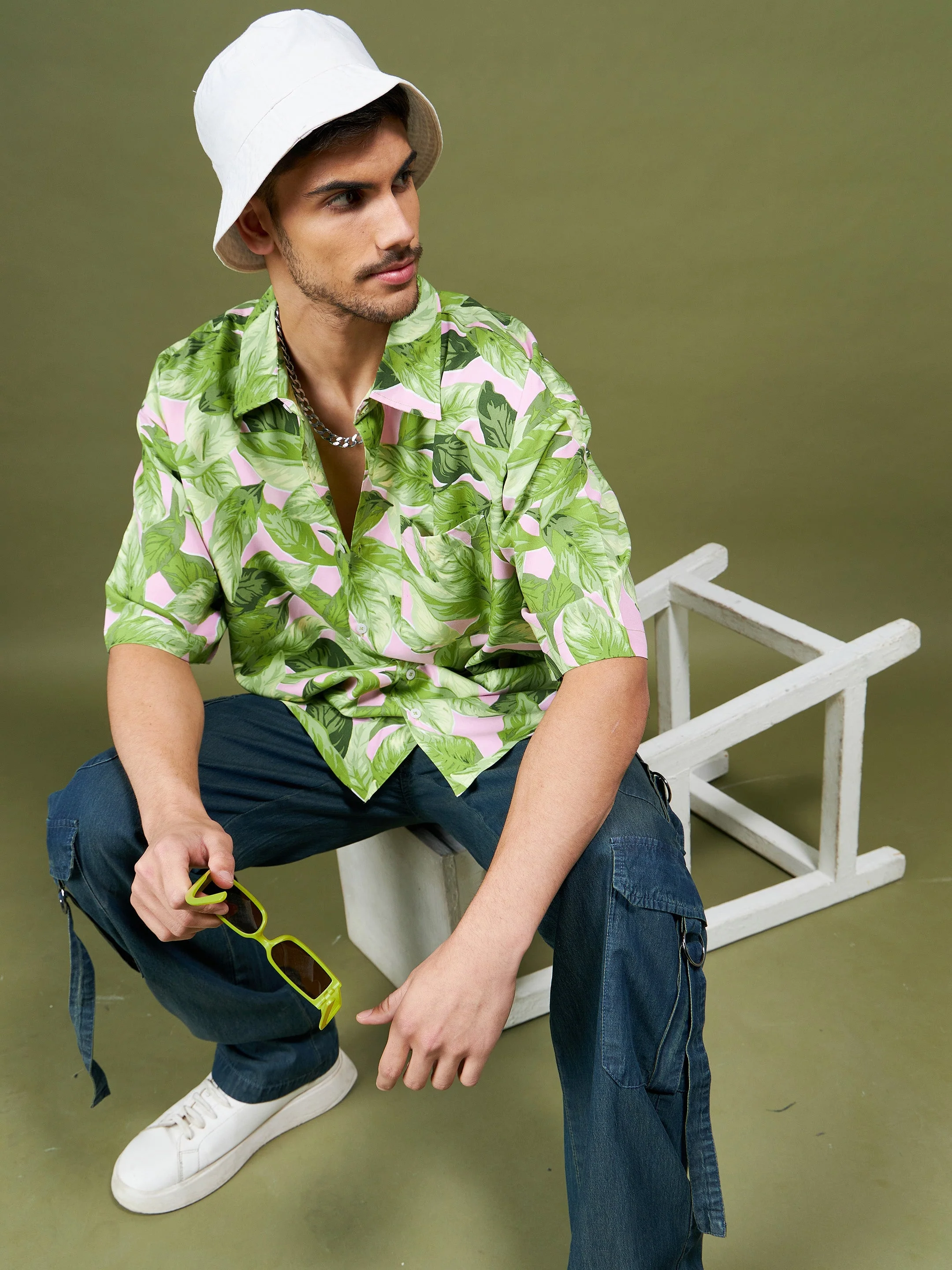 Men Green Tropical Oversized Shirt - Image 2