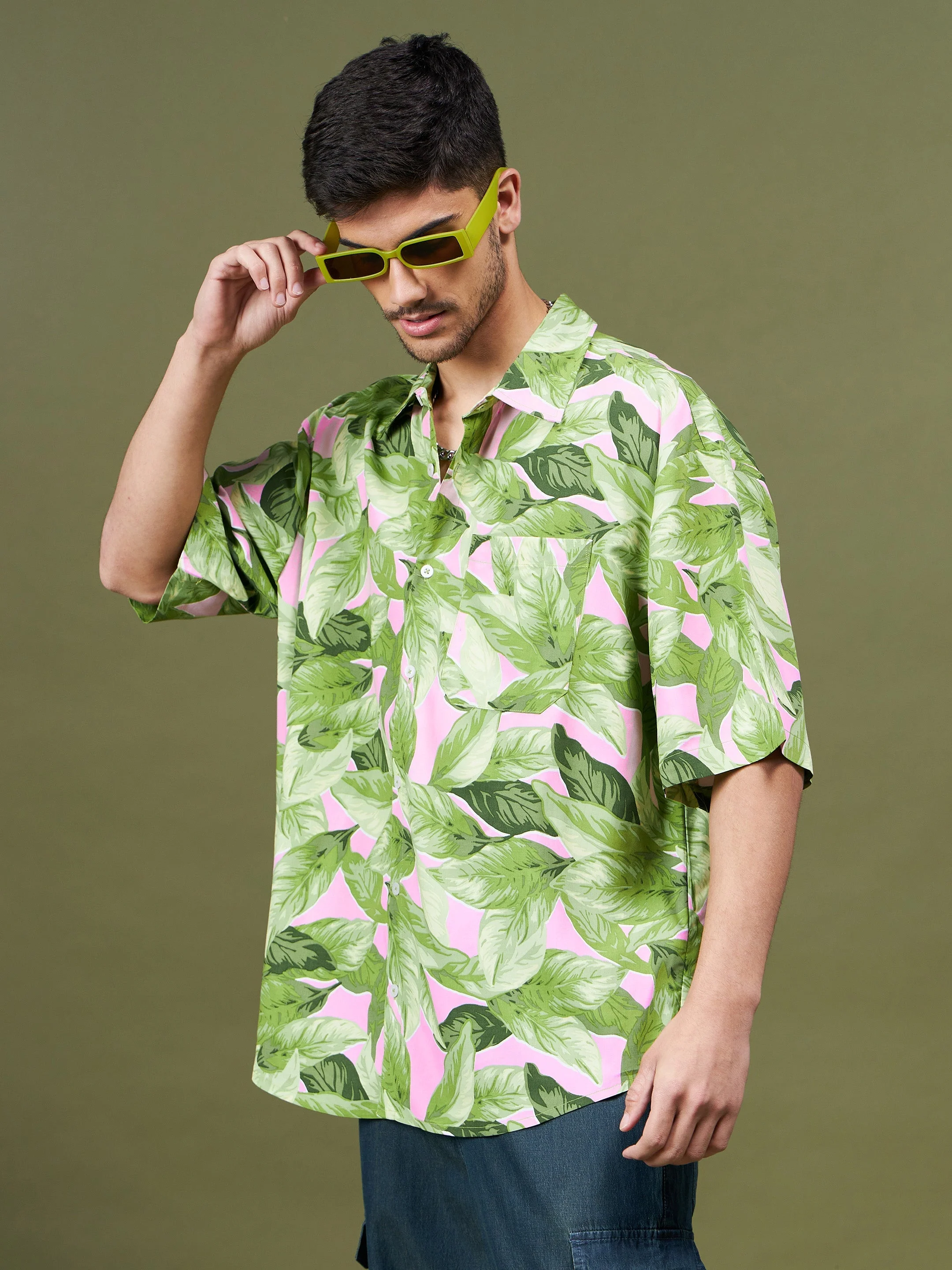 Men Green Tropical Oversized Shirt - Image 3