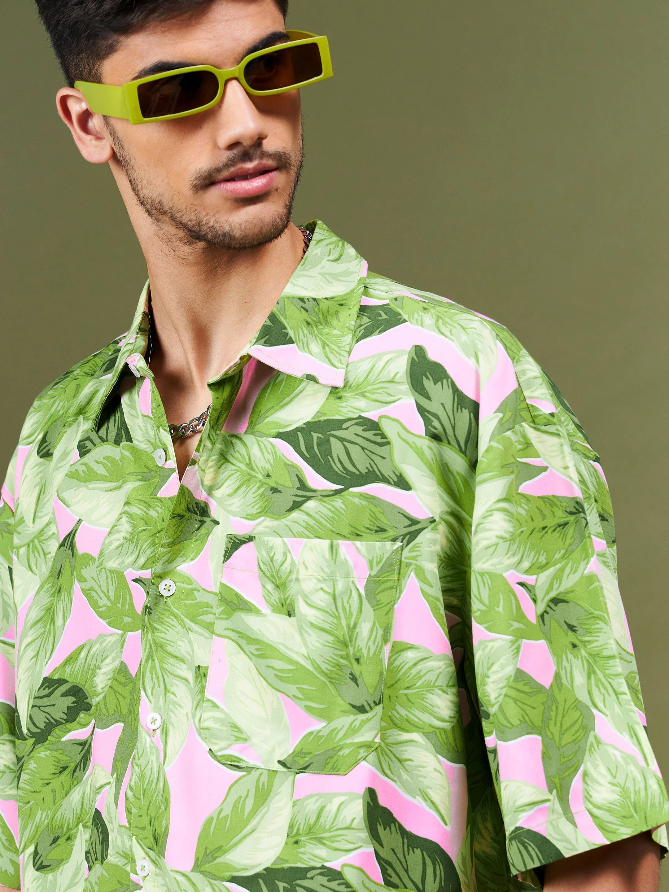 Men Green Tropical Oversized Shirt - Image 4