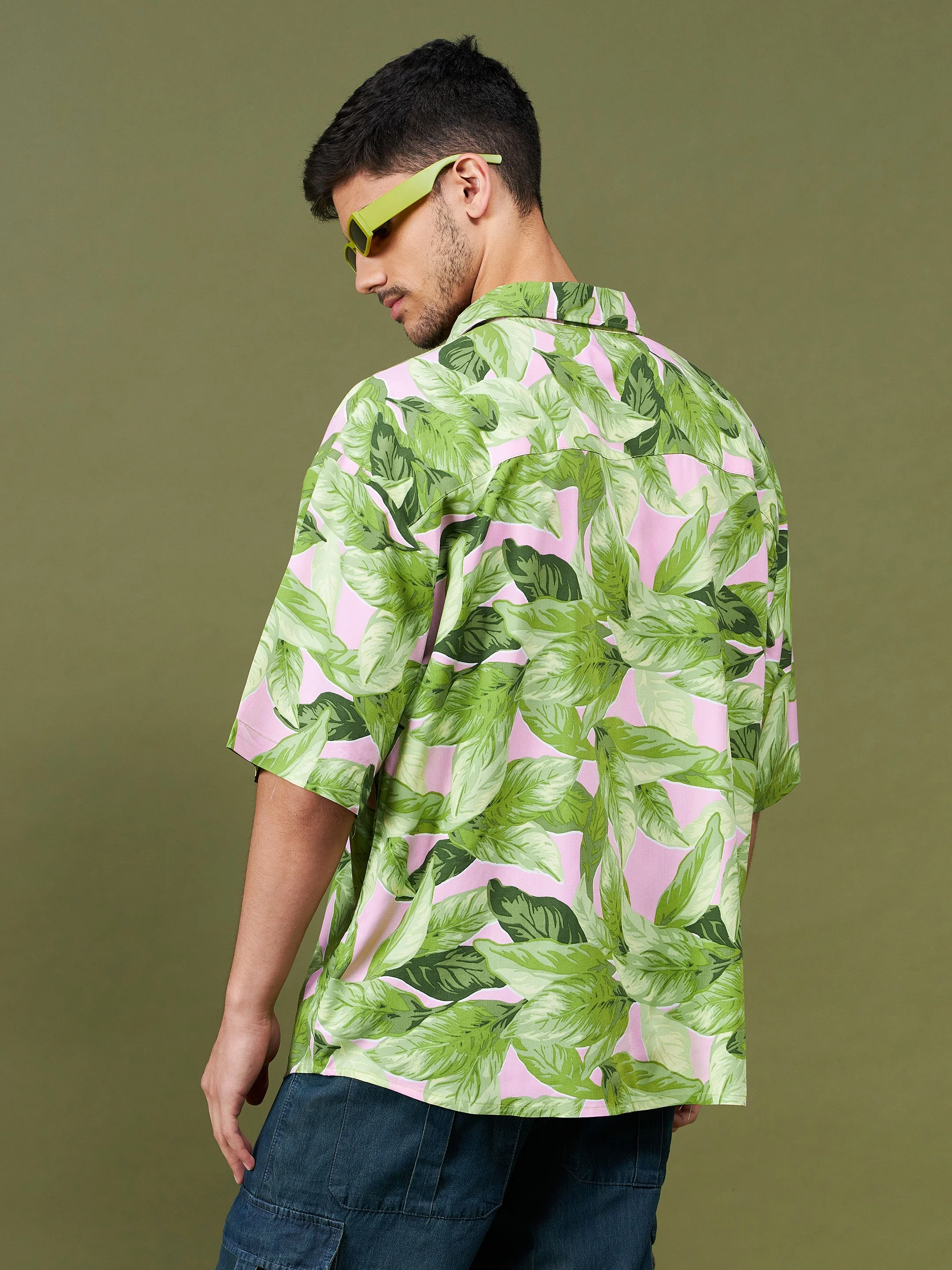 Men Green Tropical Oversized Shirt - Image 5