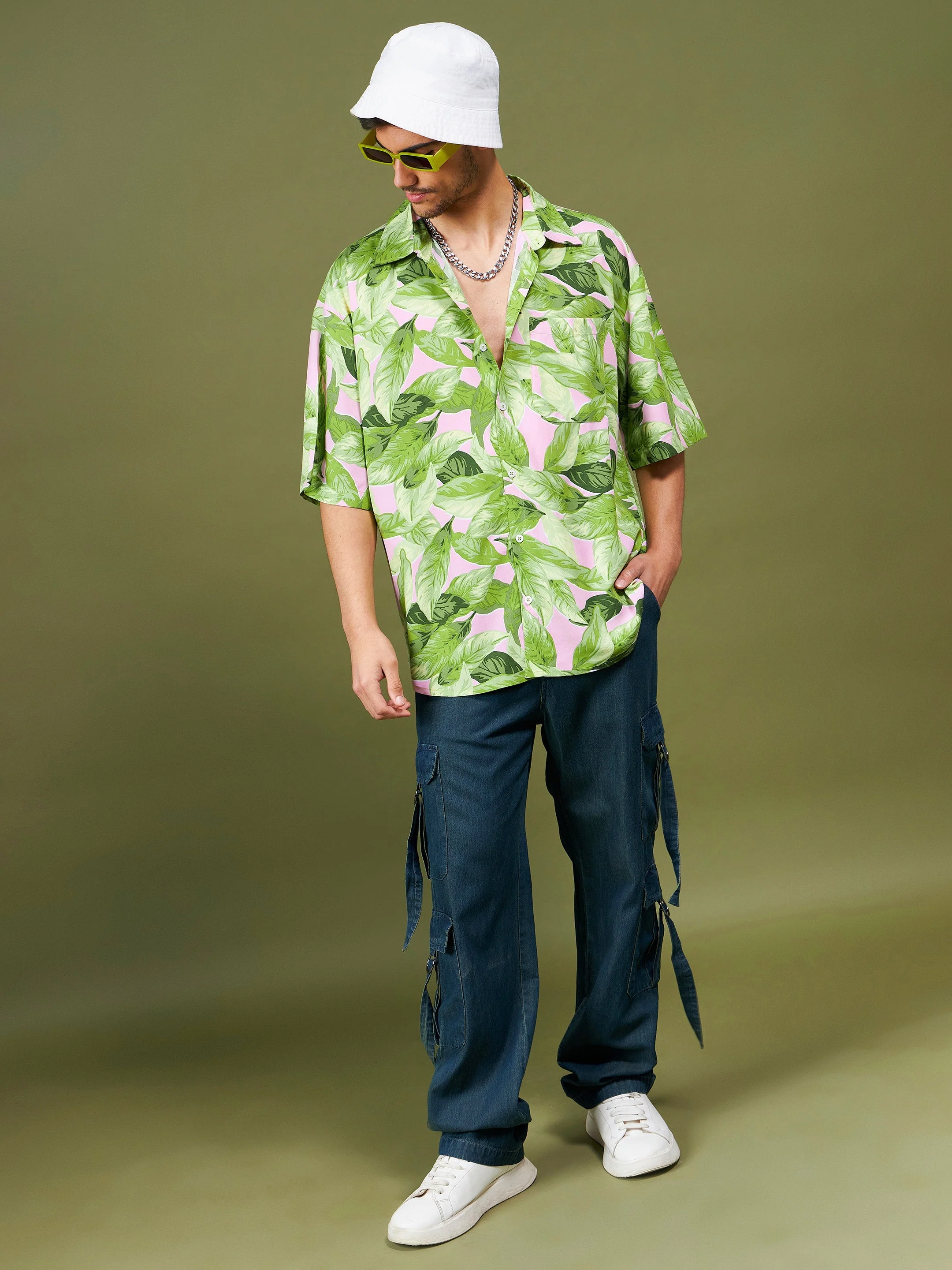 Men Green Tropical Oversized Shirt - Image 6