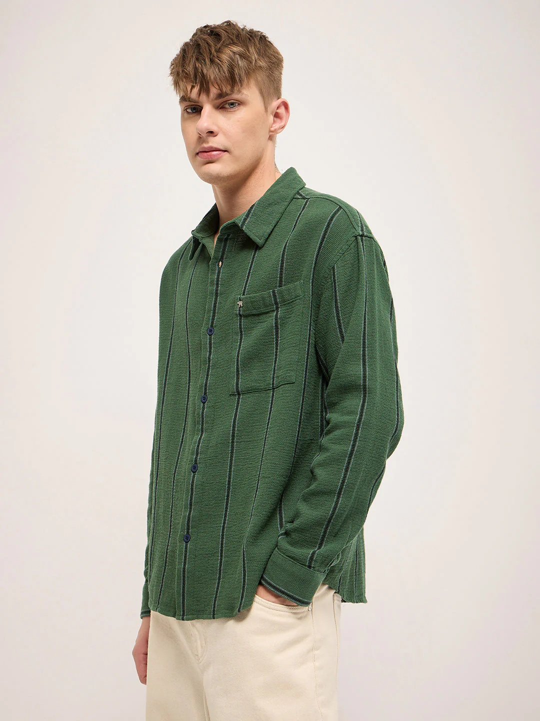 Men Green Vertical Stripe Relax Fit Casual Shirt - Image 3